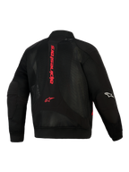Alpinestars Flight Air Jacket, Black and Bright Red, back view showing 3D mesh construction, vertical red Alpinestars logo on spine, bomber-style silhouette with ribbed waist and cuffs, white logo on sleeve