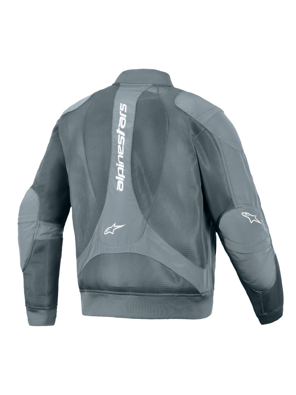 Casaco Alpinestars Flight Air, casaco de motociclismo urbano, Storm Gray, vista traseira com um grande logótipo vertical Alpinestars branco, painéis extensos em malha 3D para fluxo de ar, e cintura e punhos canelados de estilo bomber