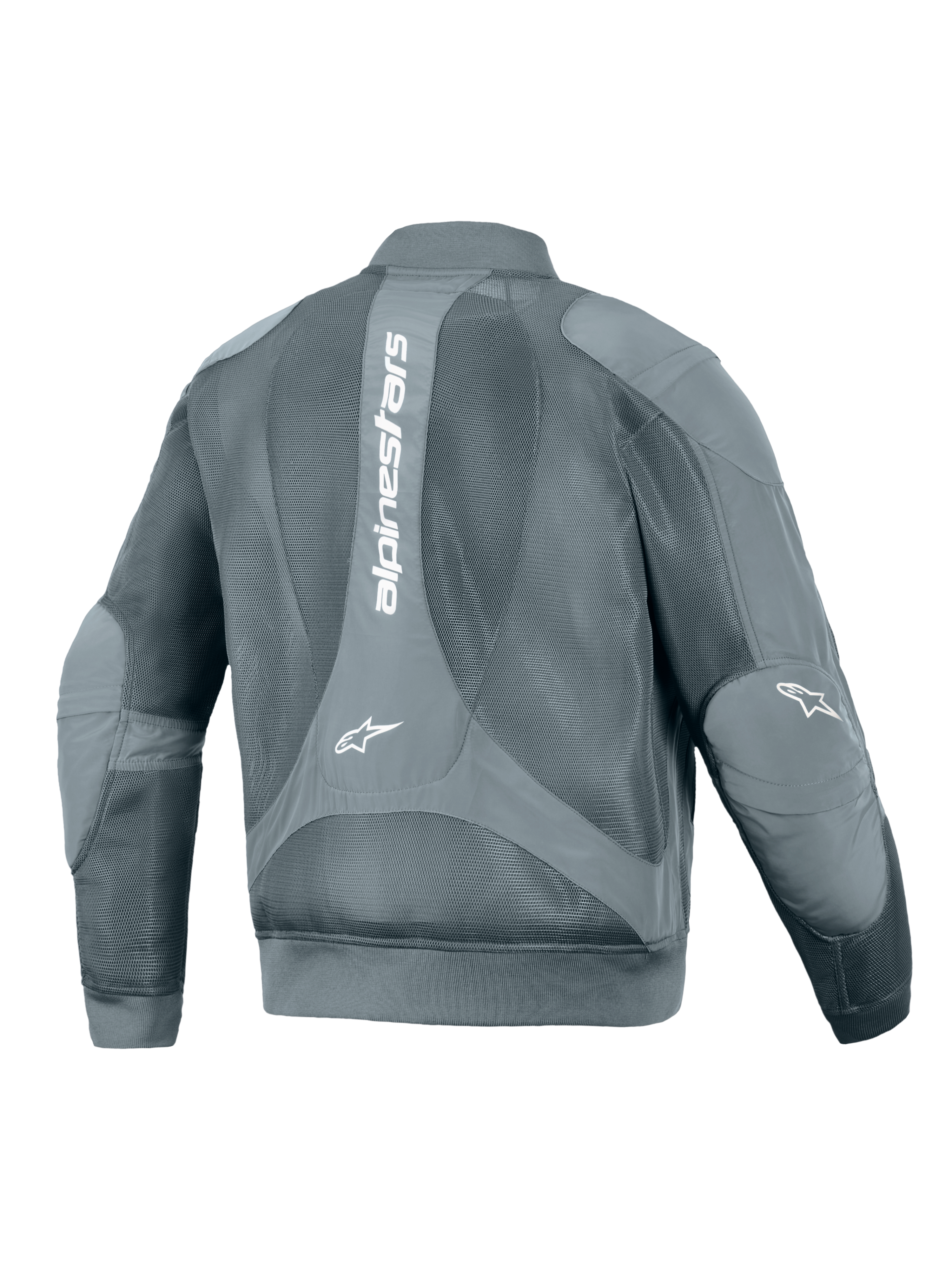 Casaco Alpinestars Flight Air, casaco de motociclismo urbano, Storm Gray, vista traseira com um grande logótipo vertical Alpinestars branco, painéis extensos em malha 3D para fluxo de ar, e cintura e punhos canelados de estilo bomber