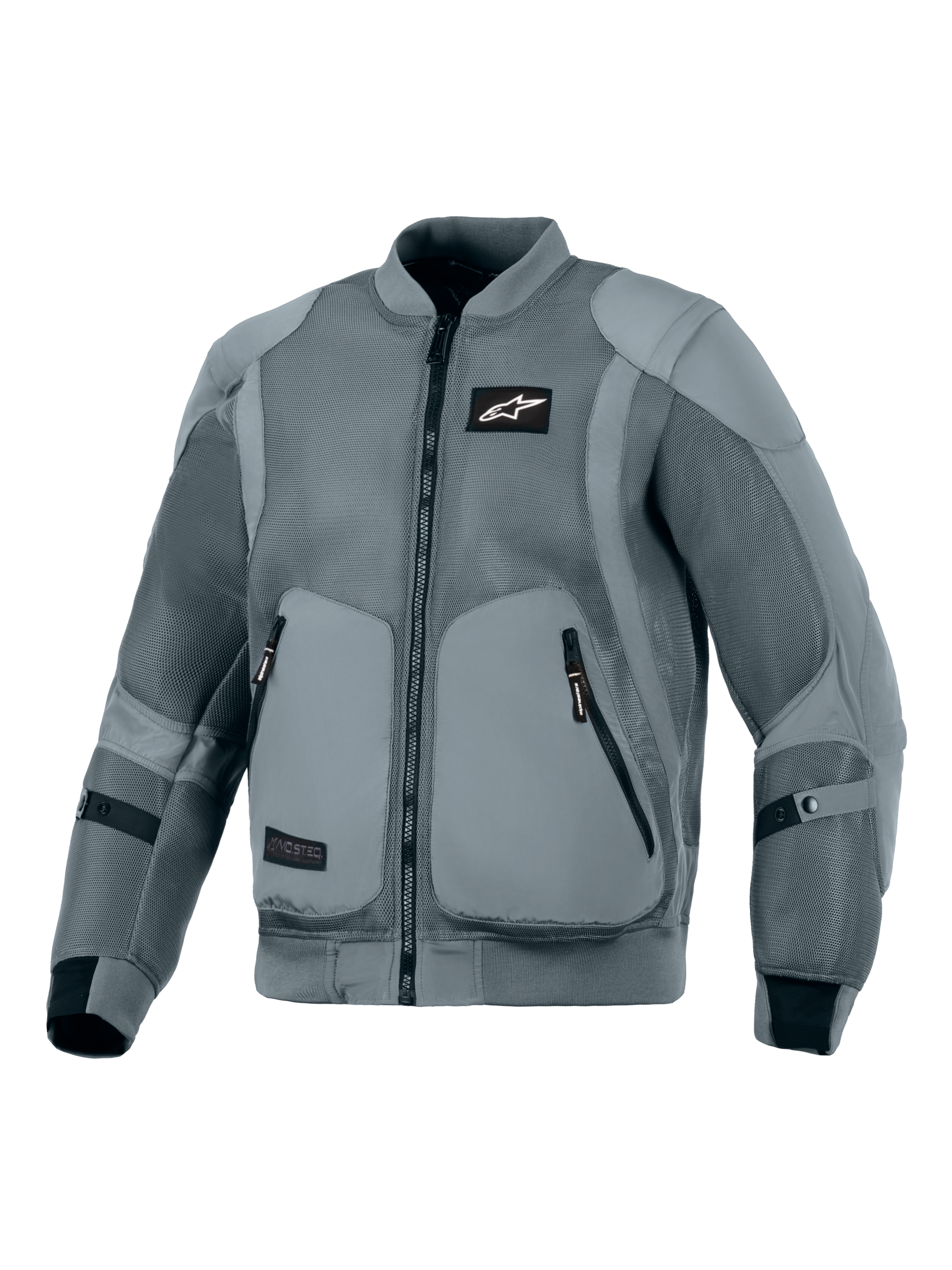 Casaco Alpinestars Flight Air, cinzento Storm Gray, casaco de motociclismo urbano, silhueta inspirada em estilo bomber com painéis de ventilação em malha 3D alargados, gola e punhos elásticos canelados, logótipo Astars preto no peito, bolsos exteriores para proteções, concebido para condução urbana em tempo quente