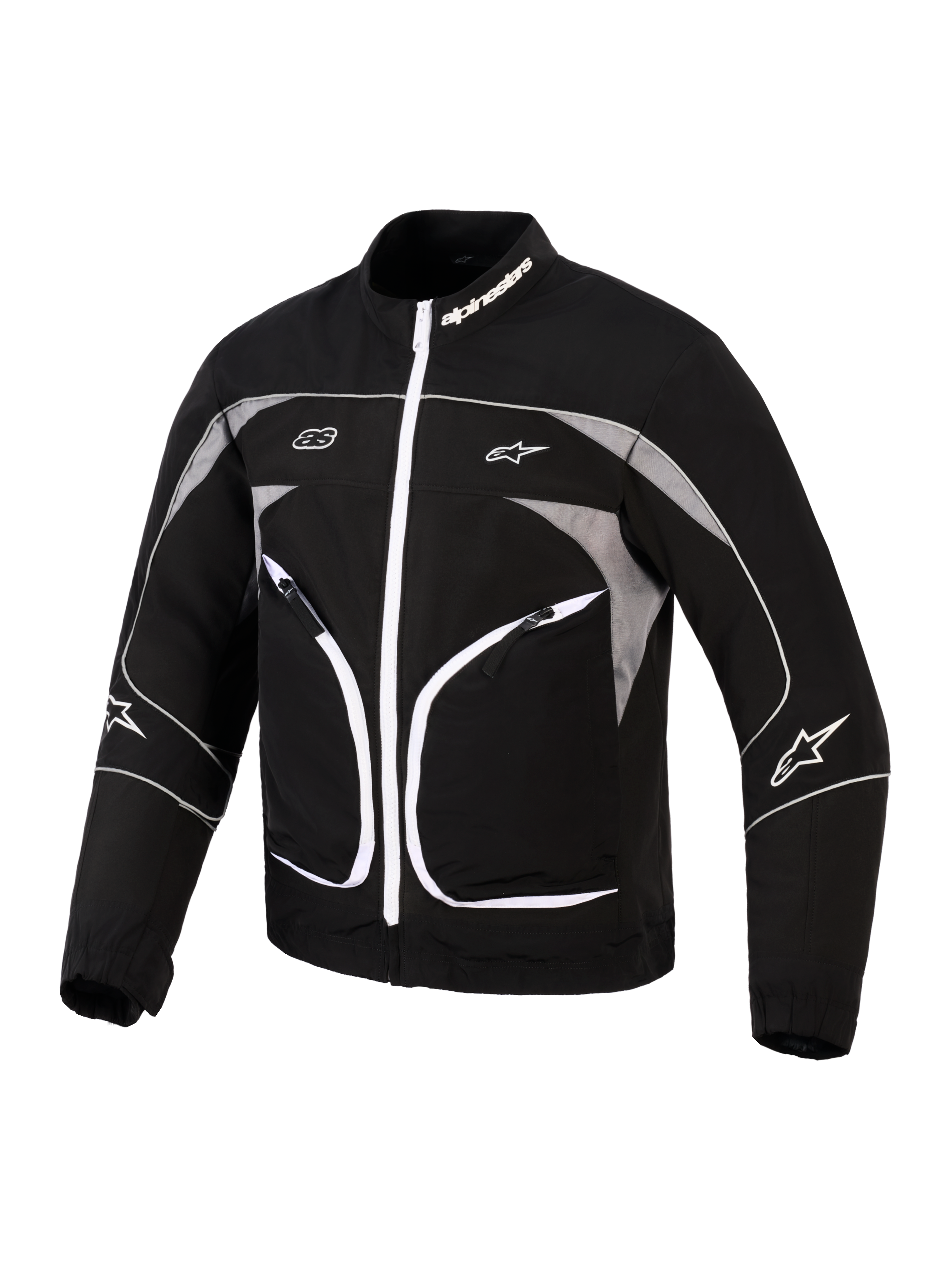 Alpinestars Unite Jacket, Motorcycle Jacket, Black and Dark Gray, featuring a white front zipper, reflective gray panels, and white piping details, Alpinestars branding on the collar and sleeves, minimalist urban design