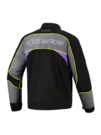 Casaco Alpinestars Unite em Black Asphalt Violet, vista traseira, casaco de motociclismo urbano com um painel cinzento grande nos ombros, logótipo Alpinestars com contorno branco, detalhes laterais roxos e vivos em amarelo néon de alta visibilidade ao longo das costuras.