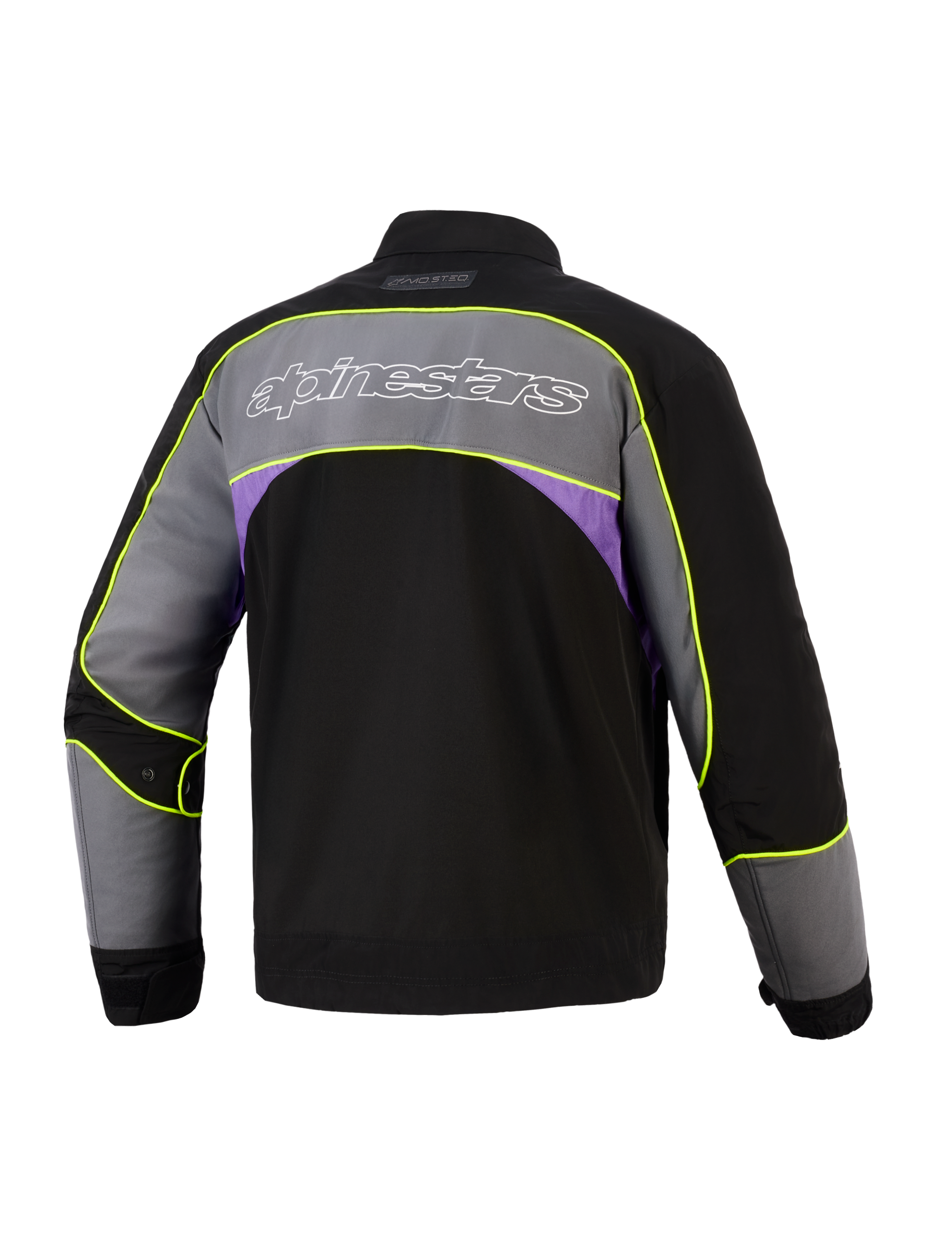 Casaco Alpinestars Unite em Black Asphalt Violet, vista traseira, casaco de motociclismo urbano com um painel cinzento grande nos ombros, logótipo Alpinestars com contorno branco, detalhes laterais roxos e vivos em amarelo néon de alta visibilidade ao longo das costuras.