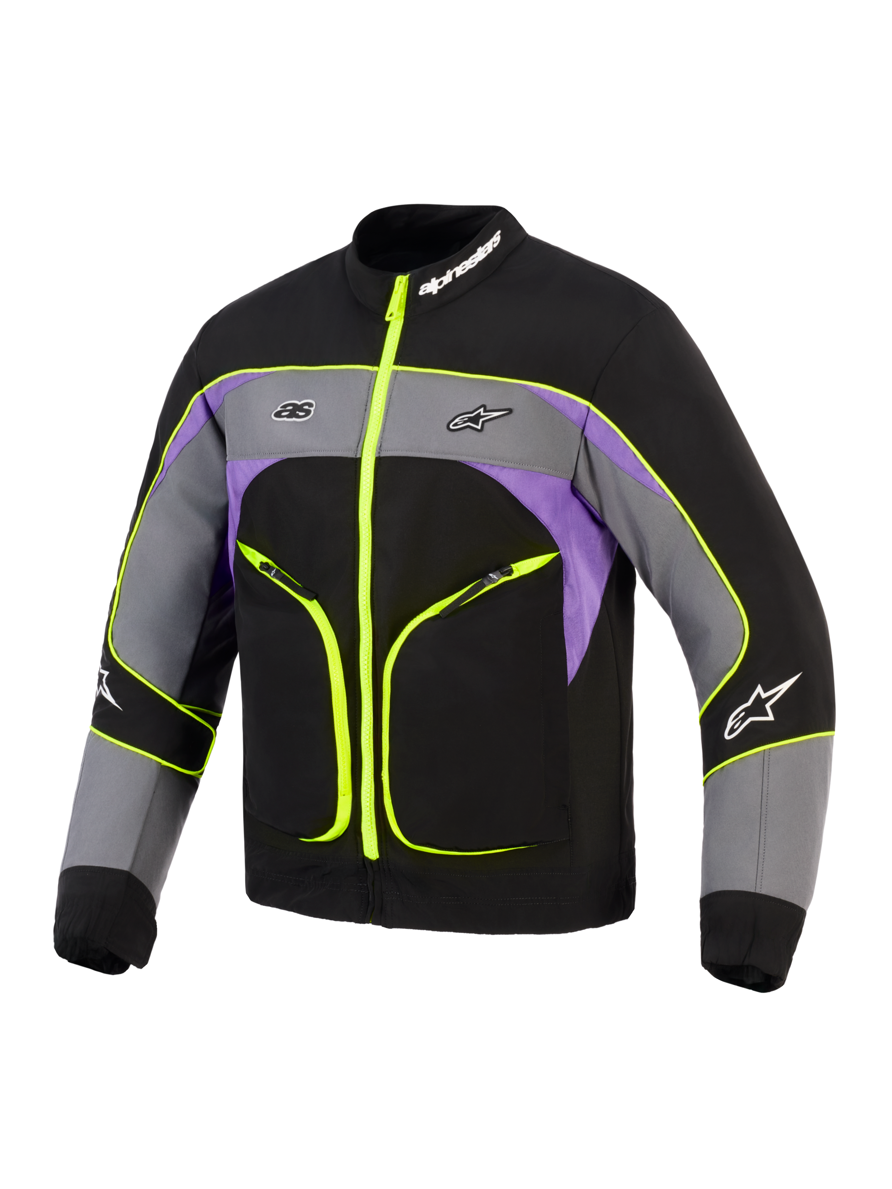 Casaco Alpinestars Unite, casaco urbano para motociclista, preto, asfalto e violeta com detalhes em amarelo néon, construção softshell de 3 camadas, fechos e vivos em amarelo fluorescente, blocos de cor cinzento e roxo, e logótipo Alpinestars no peito e na gola.