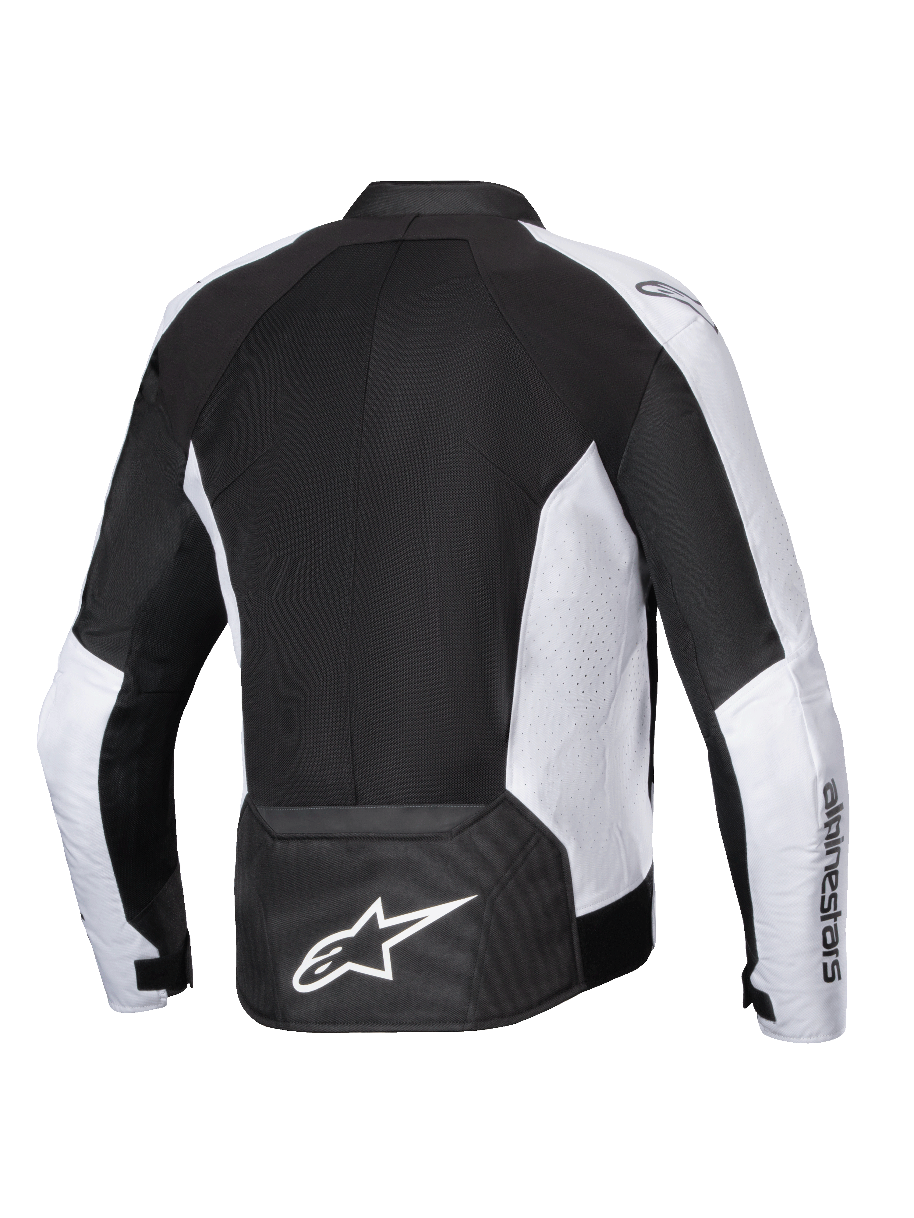 Alpinestars Viper Air V4 Jacket, Motorcycle Jacket, Black and White, Rear view featuring large tech mesh panels for airflow, white perforated side panels, bold white Astar logo on the lower back, and textile construction for warm-weather riding.