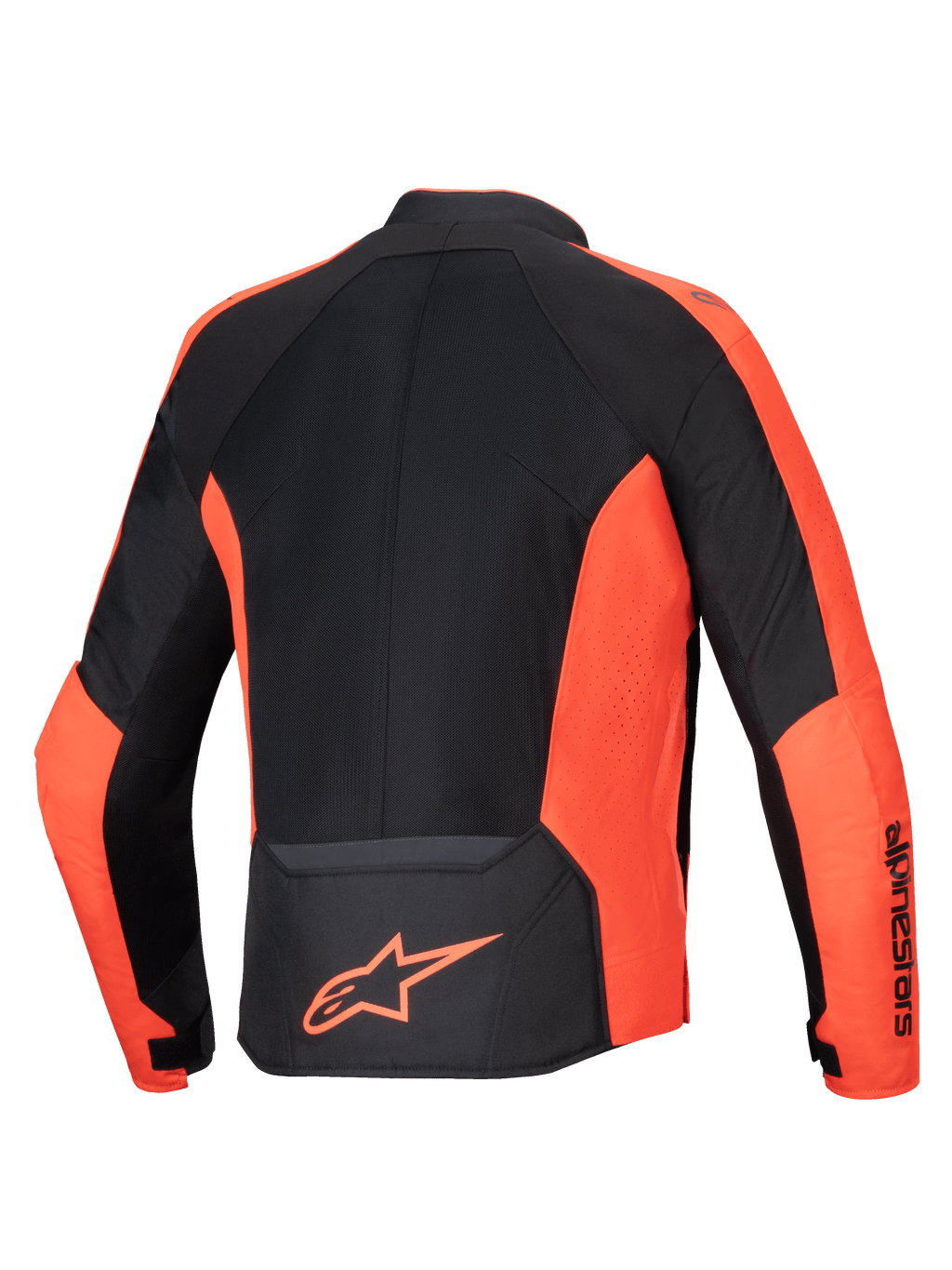 Alpinestars Jaqueta Viper Air V4, casaco de moto têxtil vermelho fluorescente e preto com painéis em malha, vista traseira.