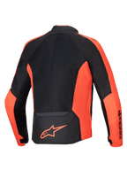 Alpinestars Jaqueta Viper Air V4, casaco de moto têxtil vermelho fluorescente e preto com painéis em malha, vista traseira.