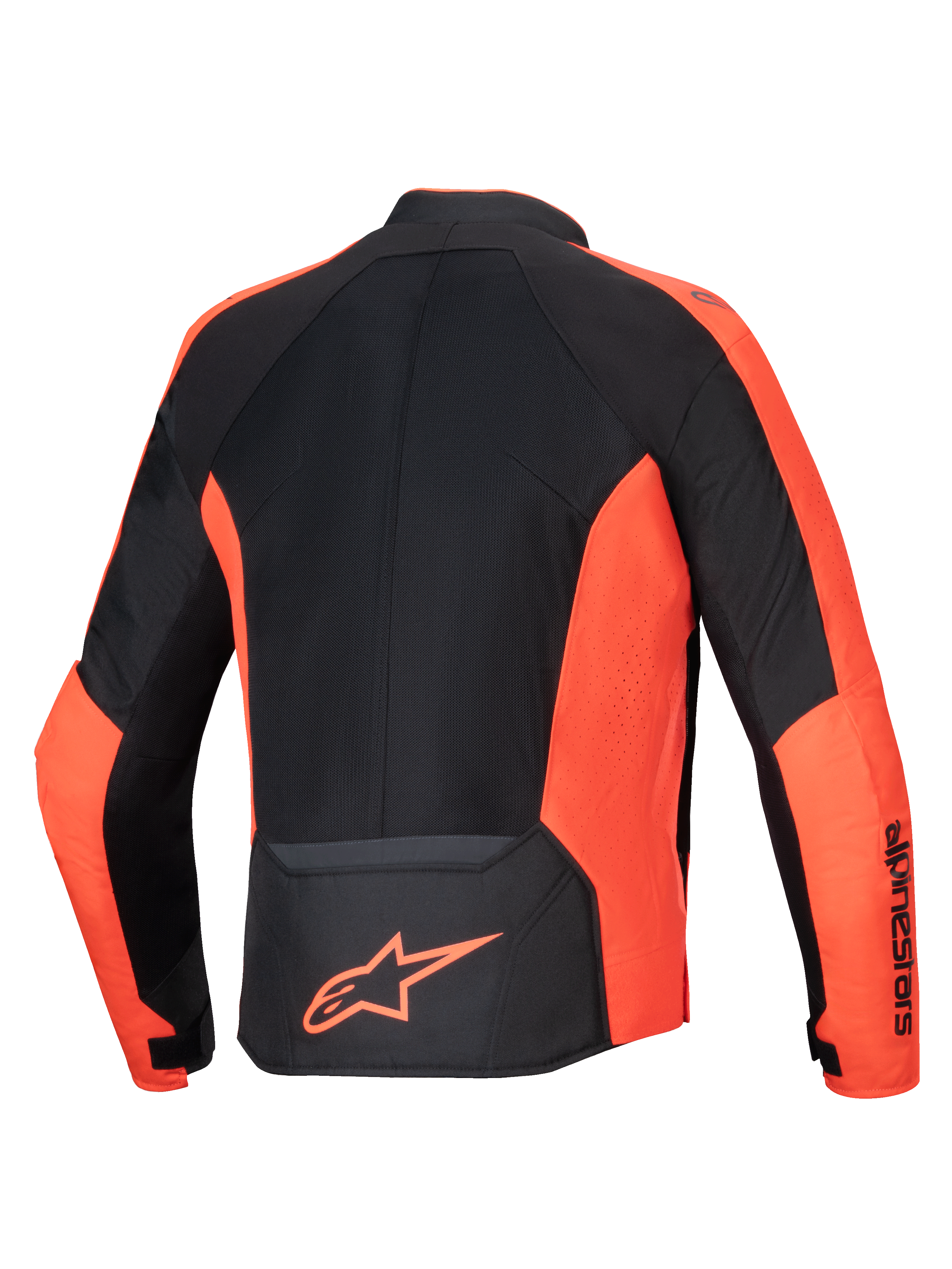 Alpinestars Jaqueta Viper Air V4, casaco de moto têxtil vermelho fluorescente e preto com painéis em malha, vista traseira.