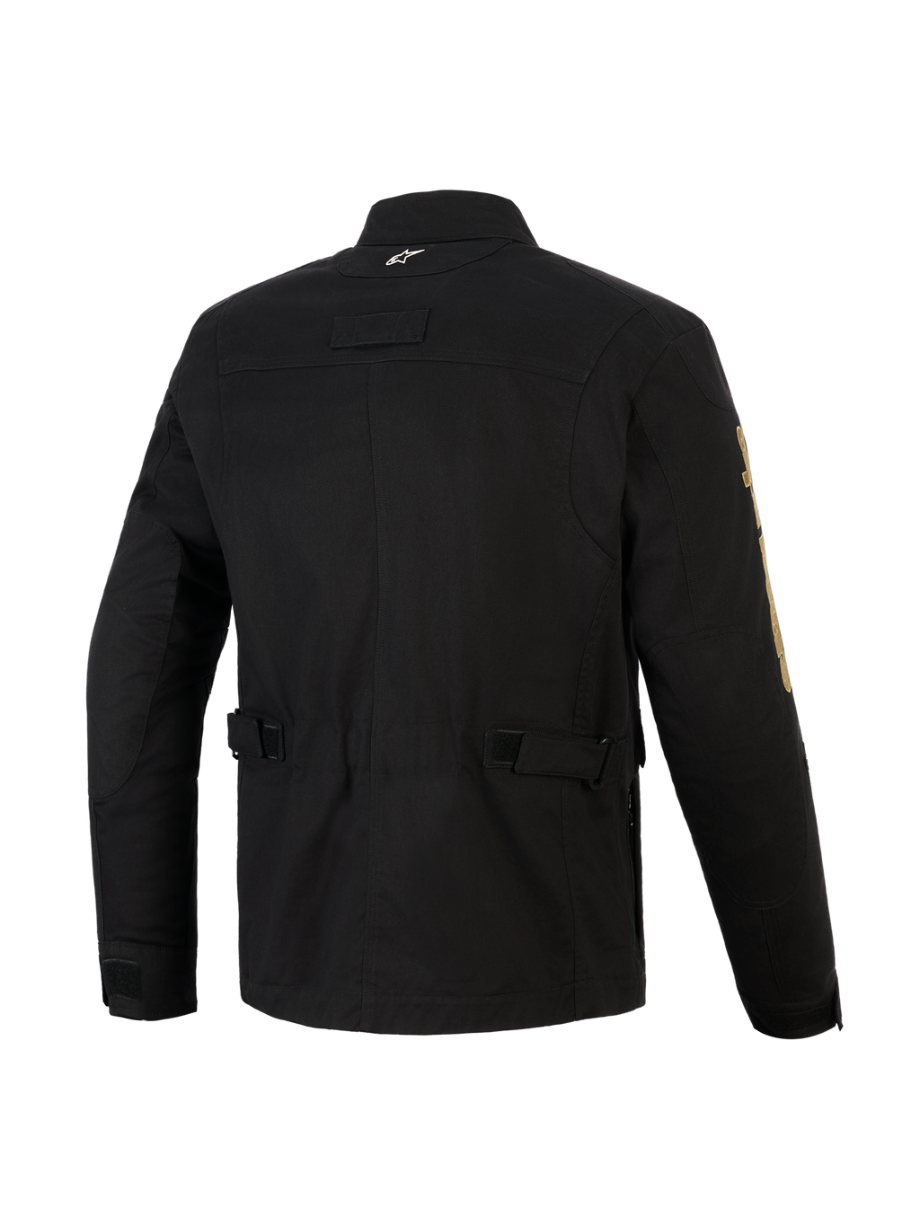 Alpinestars Dice Jacket, casaco de motociclista urbano preto, vista traseira mostrando as correias de ajuste na cintura e ombros pregueados, estética vintage de casaco de campo com construção têxtil moderna, com um pequeno logótipo branco no colarinho e marca dourada na manga.