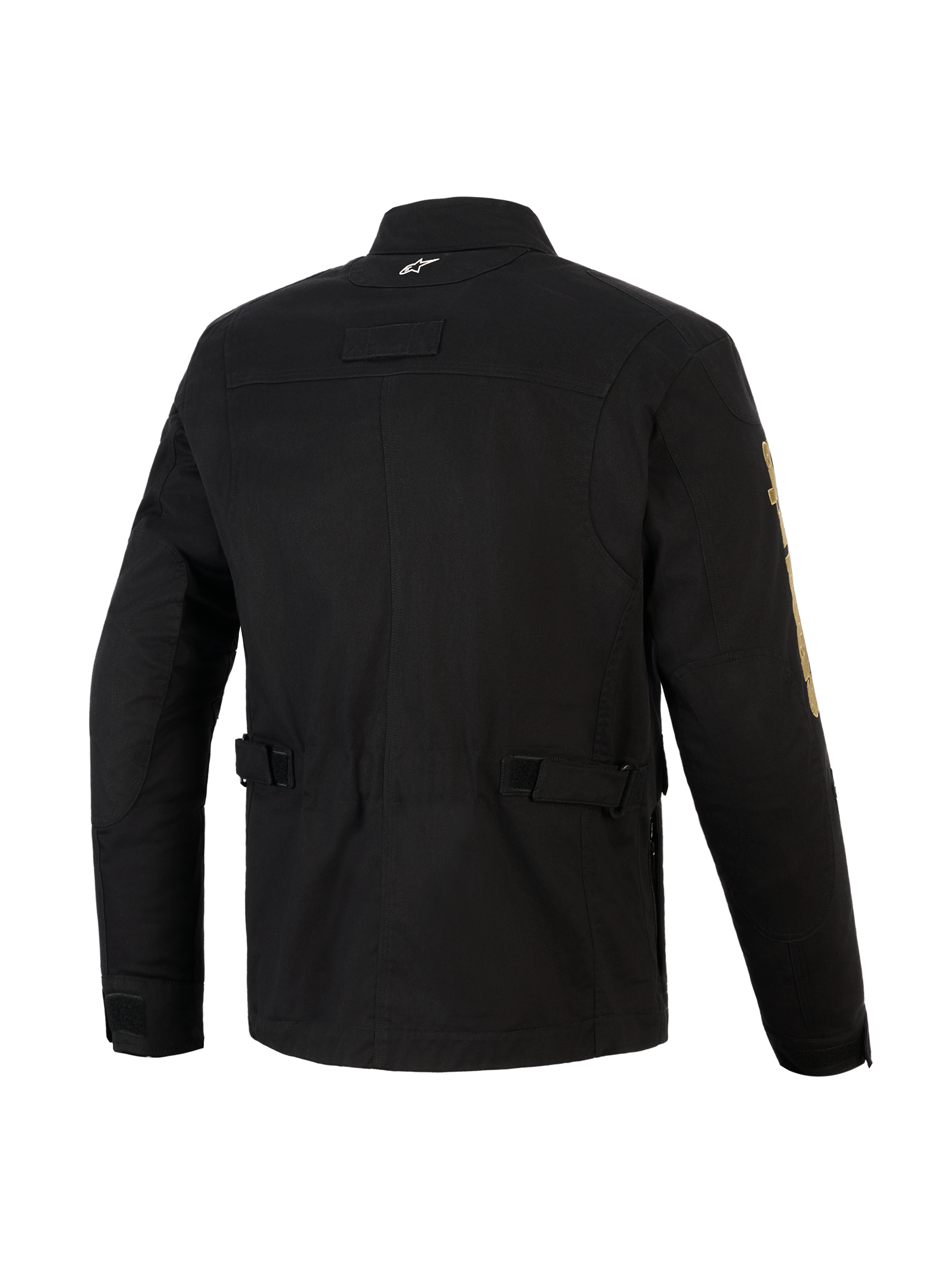 Alpinestars Dice Jacket, casaco de motociclista urbano preto, vista traseira mostrando as correias de ajuste na cintura e ombros pregueados, estética vintage de casaco de campo com construção têxtil moderna, com um pequeno logótipo branco no colarinho e marca dourada na manga.
