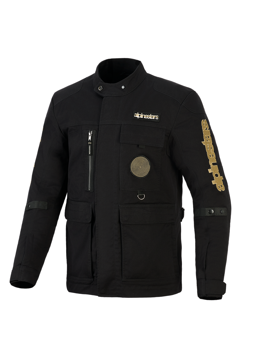 Casaco Alpinestars Dice, casaco de campo urbano para motociclismo, preto com logótipos em dourado, com vários bolsos utilitários, um emblema em espiral no peito e estilo de inspiração vintage em tecido repelente à água.