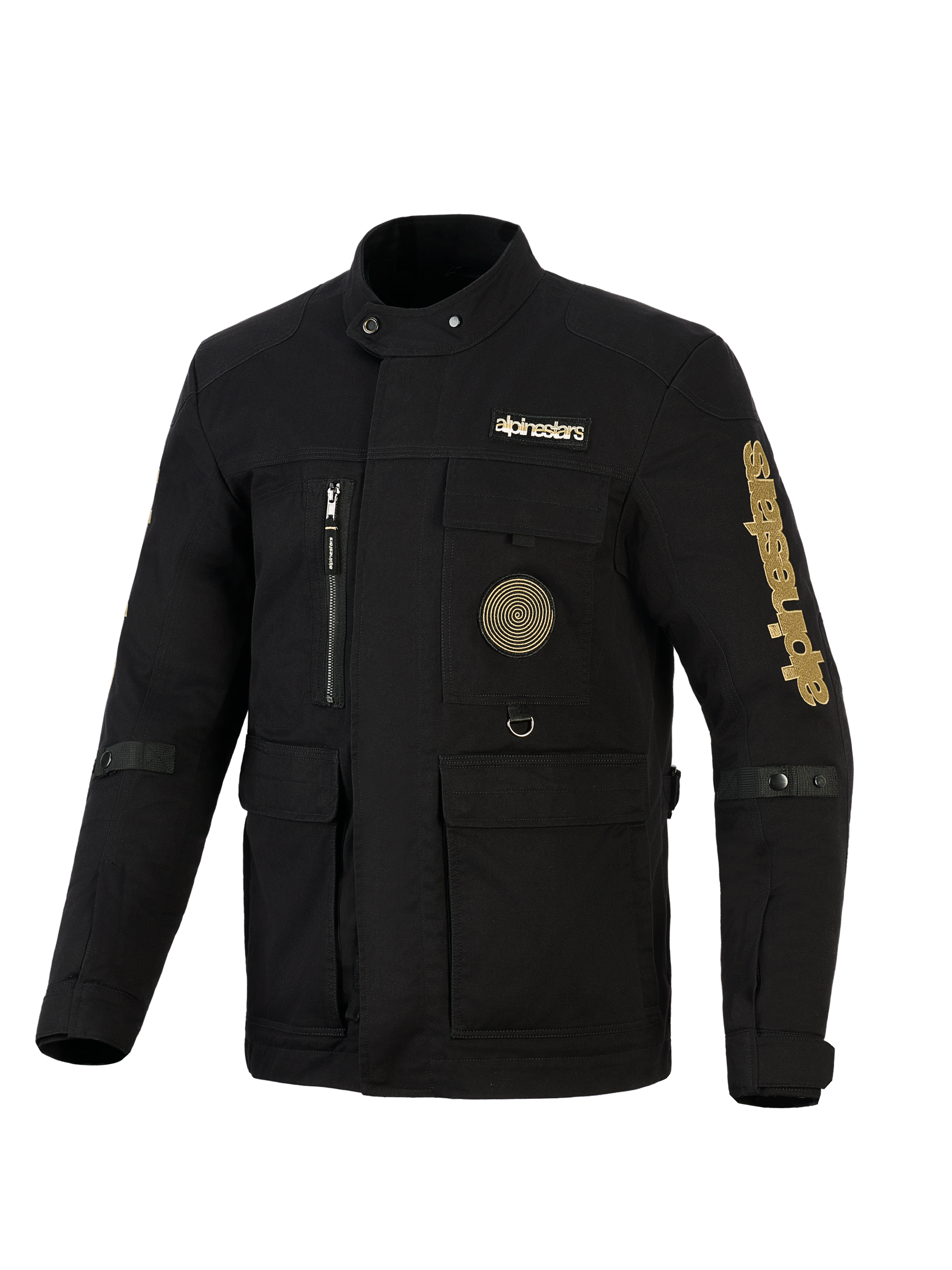Casaco Alpinestars Dice, casaco de campo urbano para motociclismo, preto com logótipos em dourado, com vários bolsos utilitários, um emblema em espiral no peito e estilo de inspiração vintage em tecido repelente à água.