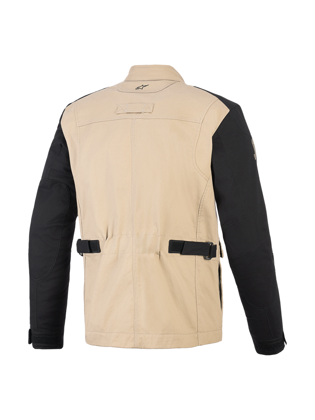 Alpinestars Dice Jacket, casaco de motociclismo urbano, Aluminum Black, vista traseira mostrando o corpo em policotão bege e mangas pretas, com correias de ajuste na cintura, painéis plissados nos ombros e design inspirado em vestuário de trabalho