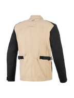 Alpinestars Dice Jacket, casaco de motociclismo urbano, Aluminum Black, vista traseira mostrando o corpo em policotão bege e mangas pretas, com correias de ajuste na cintura, painéis plissados nos ombros e design inspirado em vestuário de trabalho