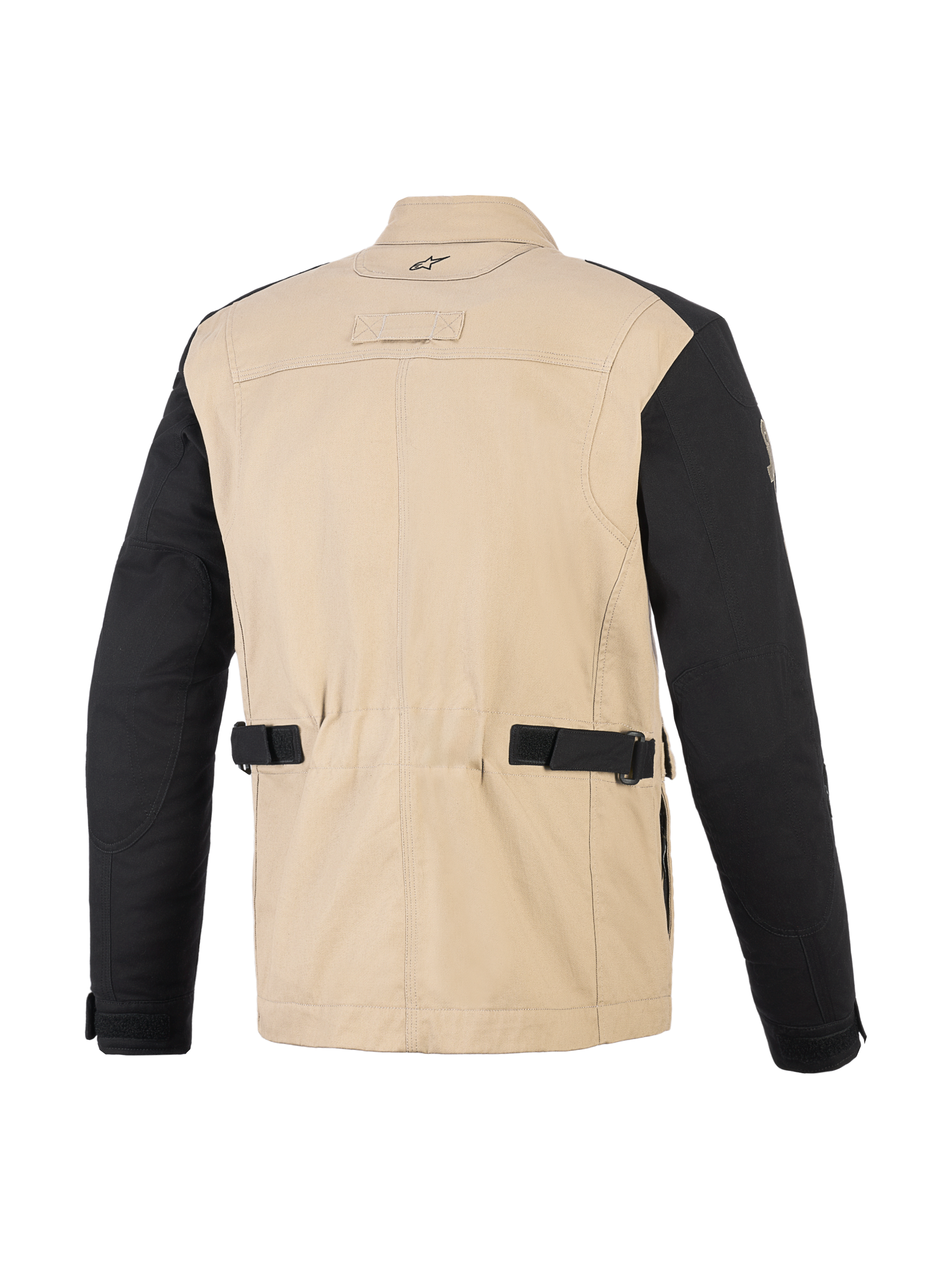 Alpinestars Dice Jacket, casaco de motociclismo urbano, Aluminum Black, vista traseira mostrando o corpo em policotão bege e mangas pretas, com correias de ajuste na cintura, painéis plissados nos ombros e design inspirado em vestuário de trabalho