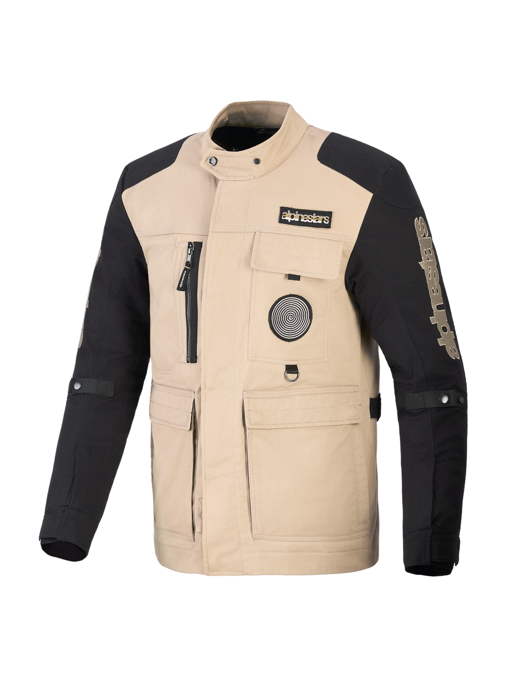 Casaco Alpinestars Dice, casaco de motociclismo urbano, bege e preto, design inspirado em vestuário de trabalho com quatro bolsos utilitários frontais e patches com logótipo, construção têxtil robusta para desempenho urbano