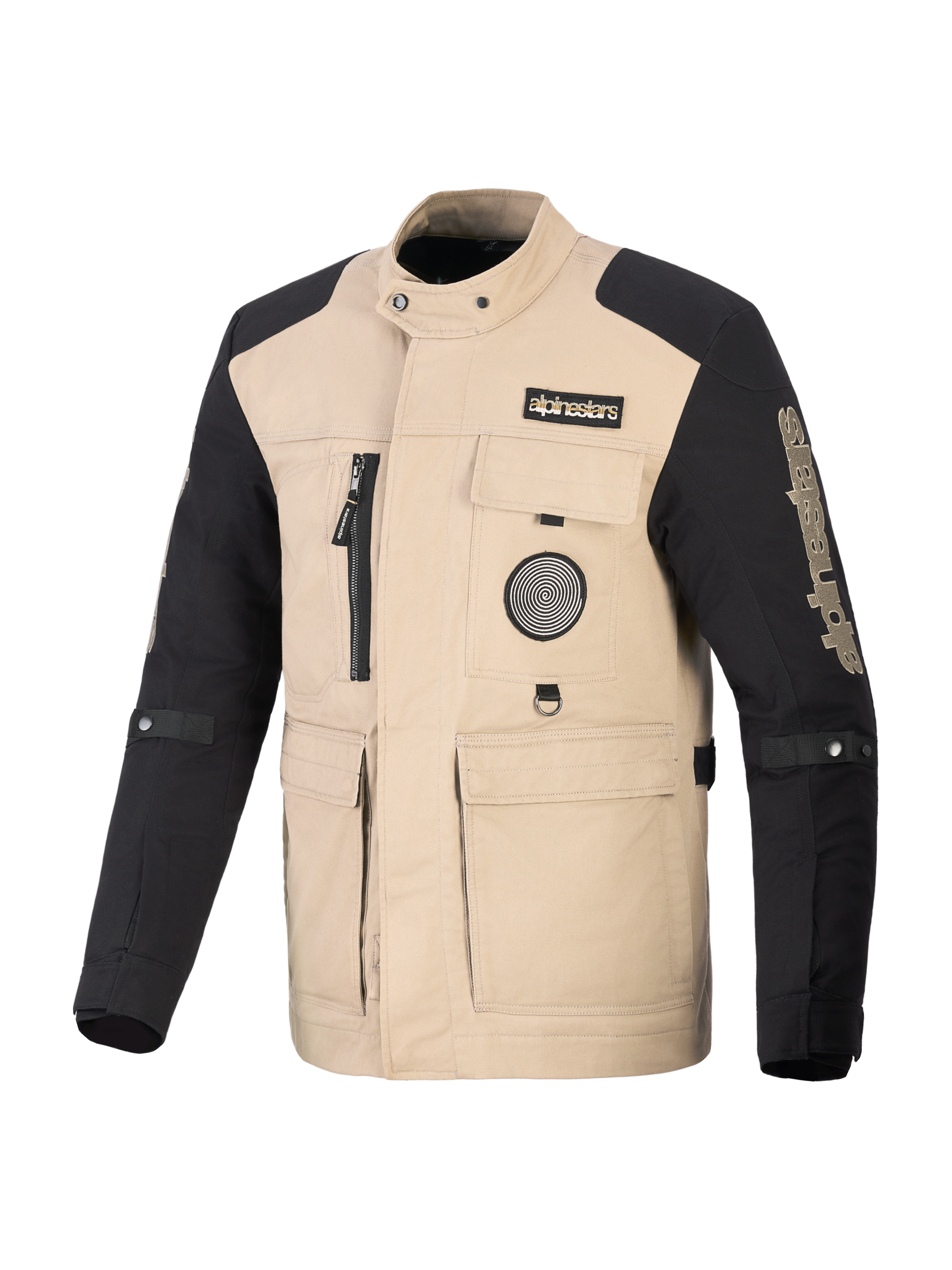 Casaco Alpinestars Dice, casaco de motociclismo urbano, bege e preto, design inspirado em vestuário de trabalho com quatro bolsos utilitários frontais e patches com logótipo, construção têxtil robusta para desempenho urbano