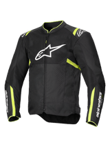 Alpinestars T-Sps Air V2 Jacket, Motorcycle Jacket, Black and Yellow Fluo, featuring large white chest logo, mesh panels for ventilation, fluorescent yellow accents on shoulders and sleeves, sporty textile design