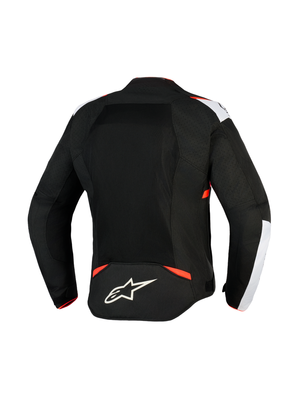 Alpinestars T-Sps Air V2 Jacket, Textile Motorcycle Jacket, Black White and Red Fluo, rear view featuring large mesh panels for airflow, white shoulder accents, Alpinestars star logo on lower back, urban sport design.