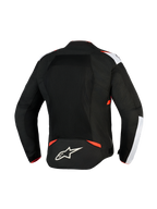 Alpinestars T-Sps Air V2 Jacket, Textile Motorcycle Jacket, Black White and Red Fluo, rear view featuring large mesh panels for airflow, white shoulder accents, Alpinestars star logo on lower back, urban sport design.