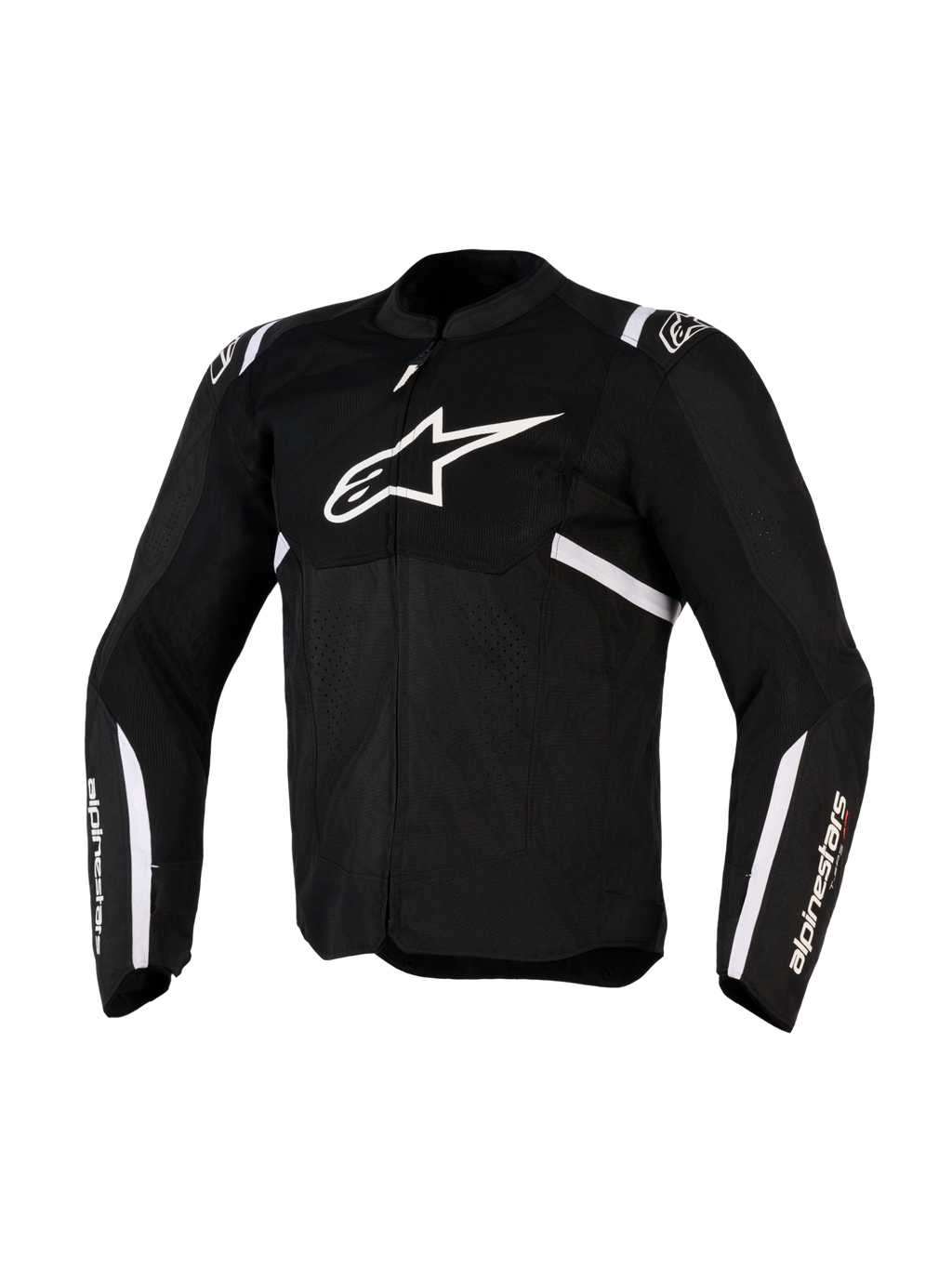 Alpinestars T-SPS Air v2 Jacket, casaco de motociclismo têxtil, preto e branco, com grande logótipo branco no peito e painéis de malha para fluxo de ar, design desportivo com marca Alpinestars nas mangas