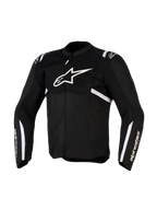 Alpinestars T-SPS Air v2 Jacket, casaco de motociclismo têxtil, preto e branco, com grande logótipo branco no peito e painéis de malha para fluxo de ar, design desportivo com marca Alpinestars nas mangas