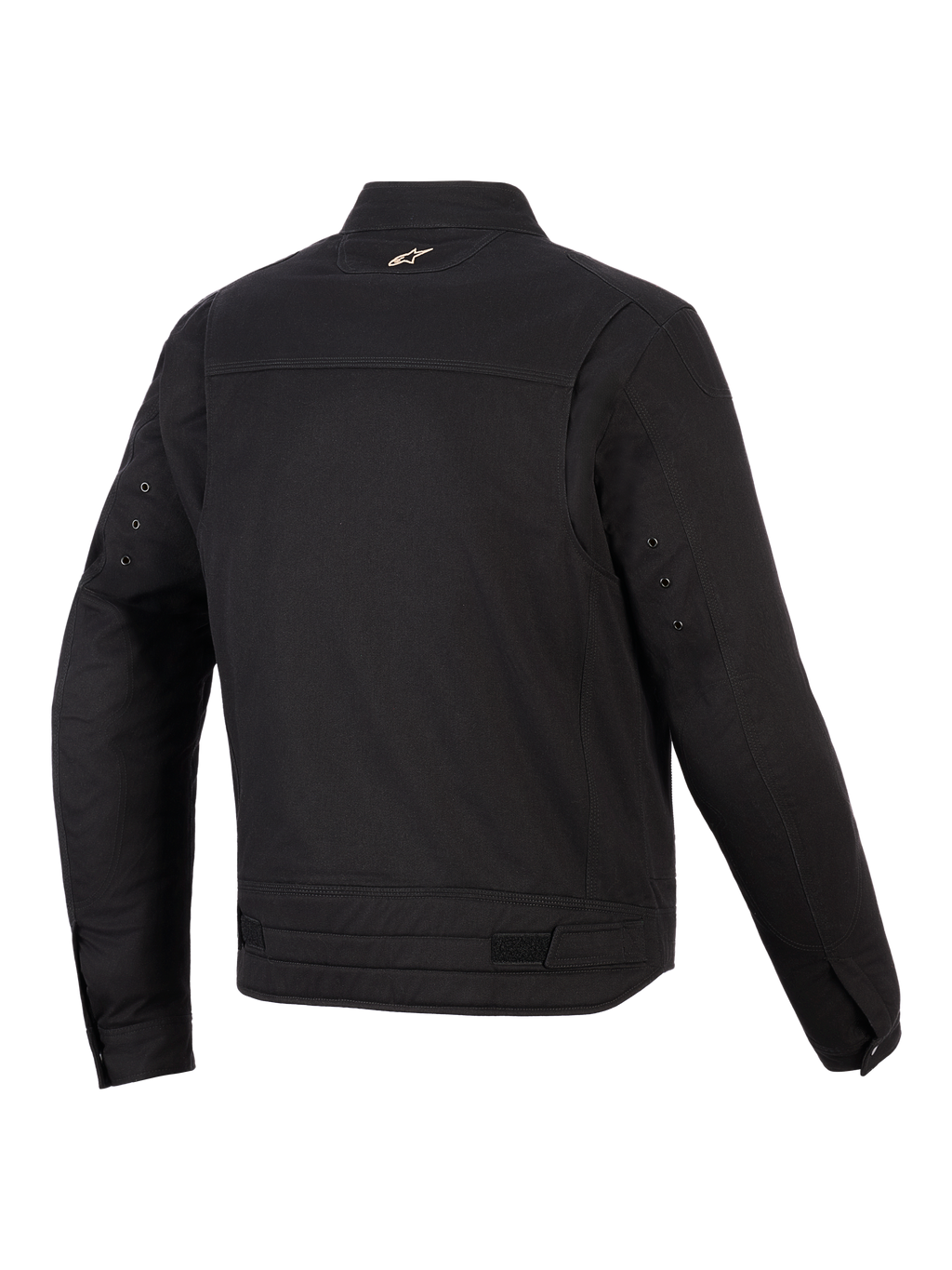 Alpinestars Bruiser Jacket, casaco de motociclismo urbano, preto, vista traseira mostrando painéis de ombro articulados, ajustadores de cintura e pequeno logótipo bordado na gola, design têxtil robusto inspirado em vestuário de trabalho