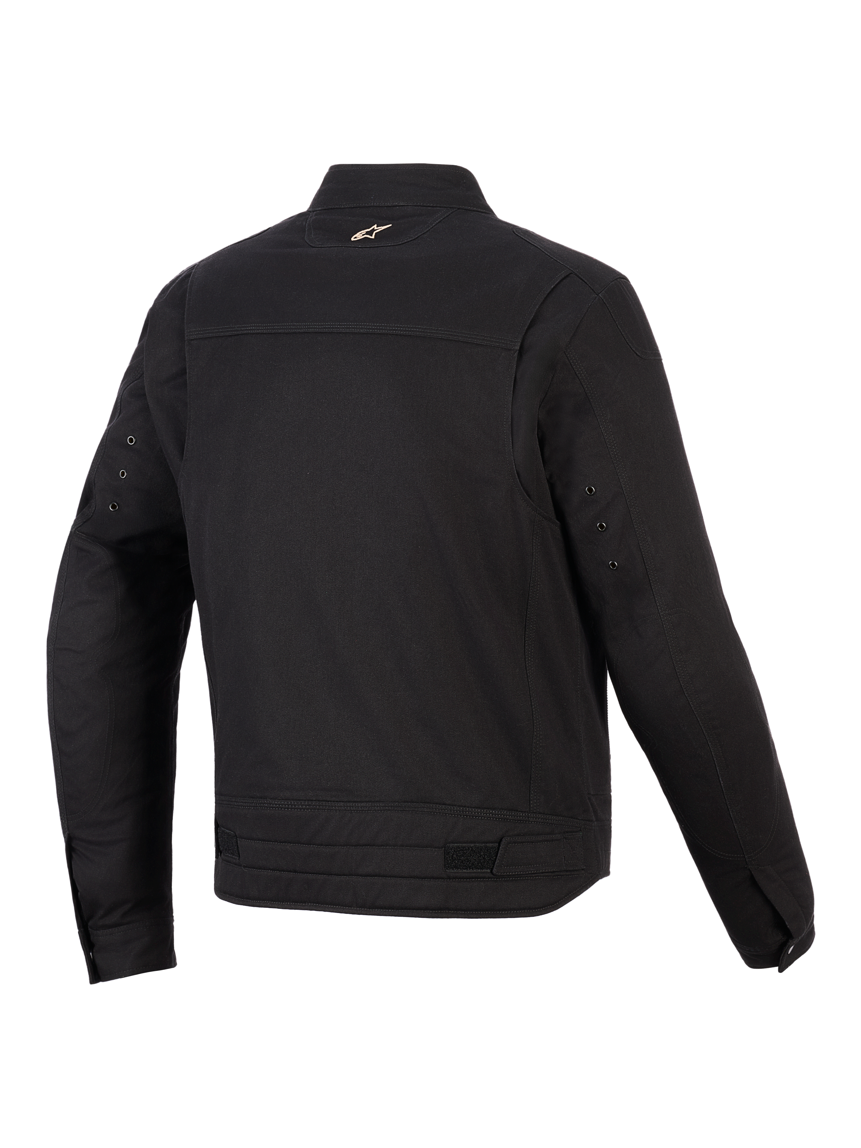 Alpinestars Bruiser Jacket, casaco de motociclismo urbano, preto, vista traseira mostrando painéis de ombro articulados, ajustadores de cintura e pequeno logótipo bordado na gola, design têxtil robusto inspirado em vestuário de trabalho
