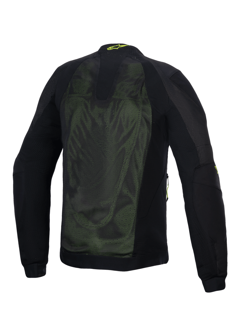 Alpinestars Troop-Air Jacket, casaco técnico de motociclismo em malha, preto e amarelo fluo, vista traseira com amplos painéis de malha técnica 2D para fluxo de ar, logótipo Alpinestars amarelo na gola e mangas em tecido reforçado