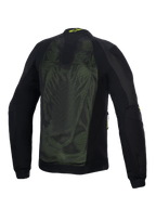 Alpinestars Troop-Air Jacket, casaco técnico de motociclismo em malha, preto e amarelo fluo, vista traseira com amplos painéis de malha técnica 2D para fluxo de ar, logótipo Alpinestars amarelo na gola e mangas em tecido reforçado