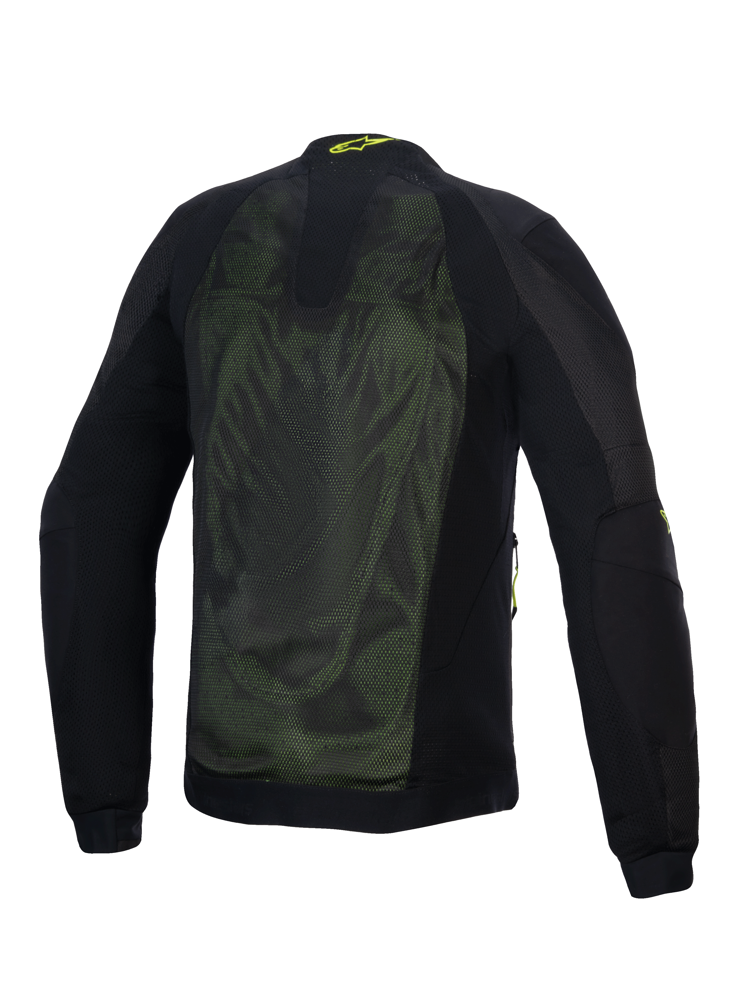 Alpinestars Troop-Air Jacket, casaco técnico de motociclismo em malha, preto e amarelo fluo, vista traseira com amplos painéis de malha técnica 2D para fluxo de ar, logótipo Alpinestars amarelo na gola e mangas em tecido reforçado