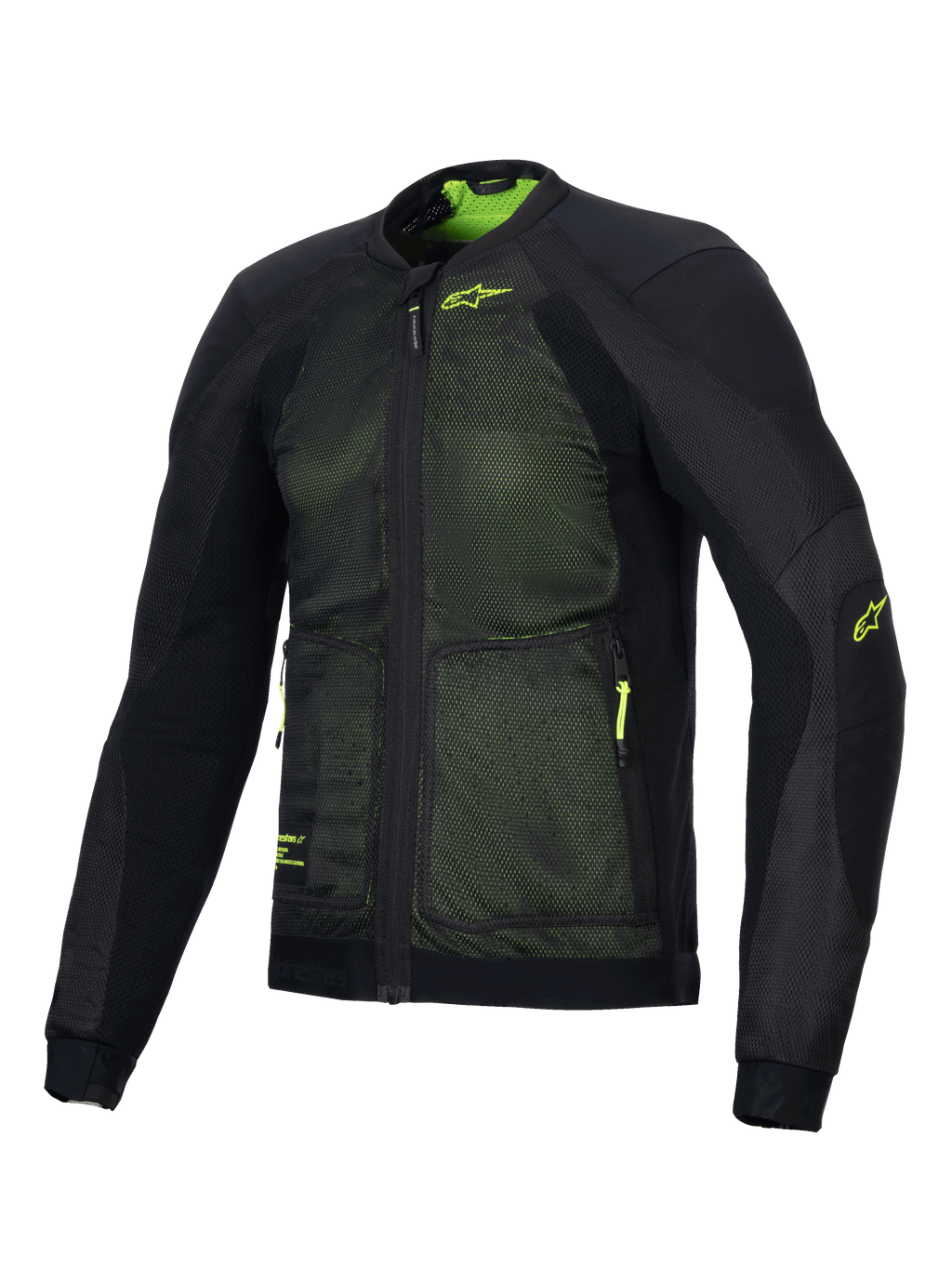 Alpinestars Troop-Air Jacket, casaco de motociclismo técnico avançado, preto e amarelo fluorescente, com construção em malha tecnológica 2D para um fluxo de ar superior, logótipo Alpinestars em amarelo fluorescente no peito e na manga, design leve e respirável para condução em estrada no verão