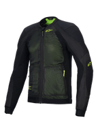 Alpinestars Troop-Air Jacket, casaco de motociclismo técnico avançado, preto e amarelo fluorescente, com construção em malha tecnológica 2D para um fluxo de ar superior, logótipo Alpinestars em amarelo fluorescente no peito e na manga, design leve e respirável para condução em estrada no verão