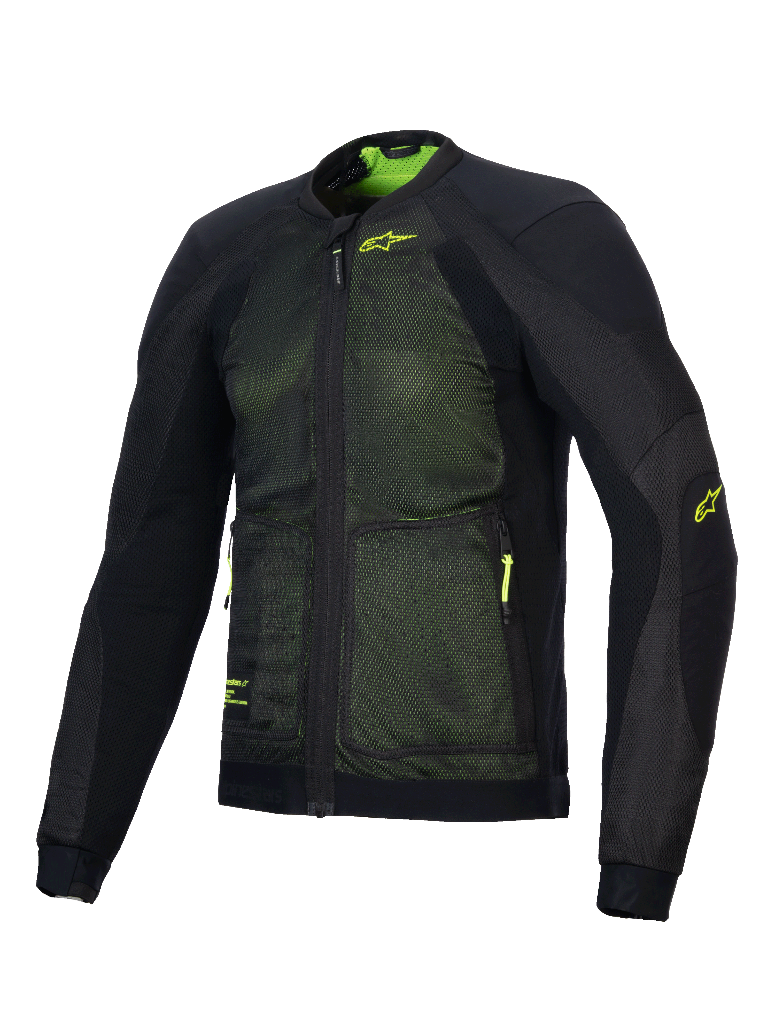 Alpinestars Troop-Air Jacket, casaco de motociclismo técnico avançado, preto e amarelo fluorescente, com construção em malha tecnológica 2D para um fluxo de ar superior, logótipo Alpinestars em amarelo fluorescente no peito e na manga, design leve e respirável para condução em estrada no verão
