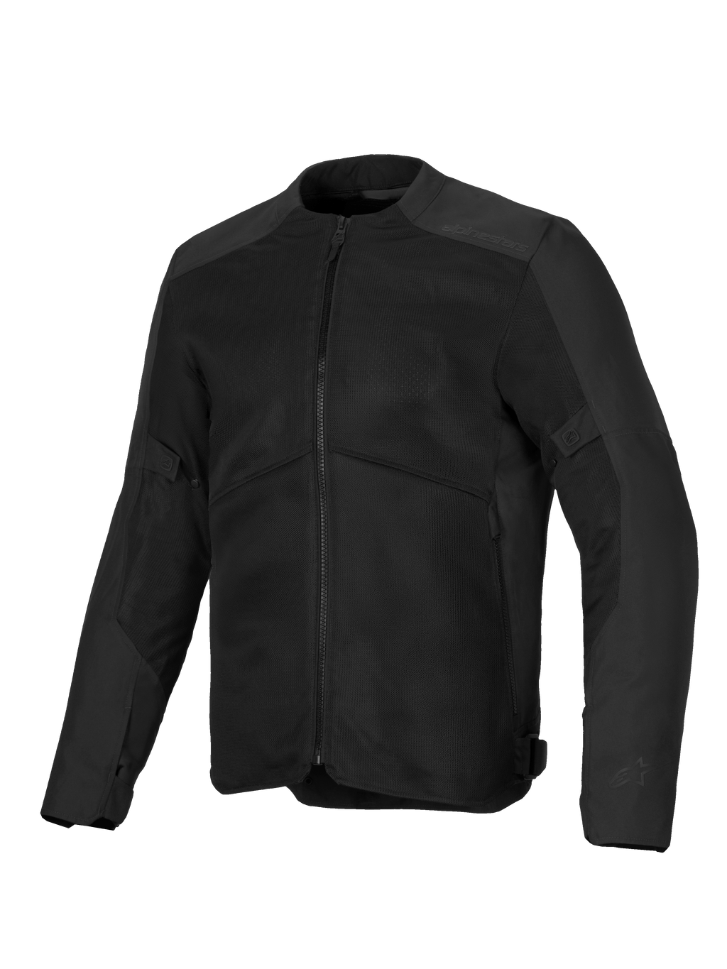 Casaco Alpinestars C-1 Air, casaco de motociclismo preto, com grandes painéis de ventilação em malha, estrutura em polifabric 450D, logótipo discreto em relevo nos ombros, design urbano contemporâneo para condução em climas quentes