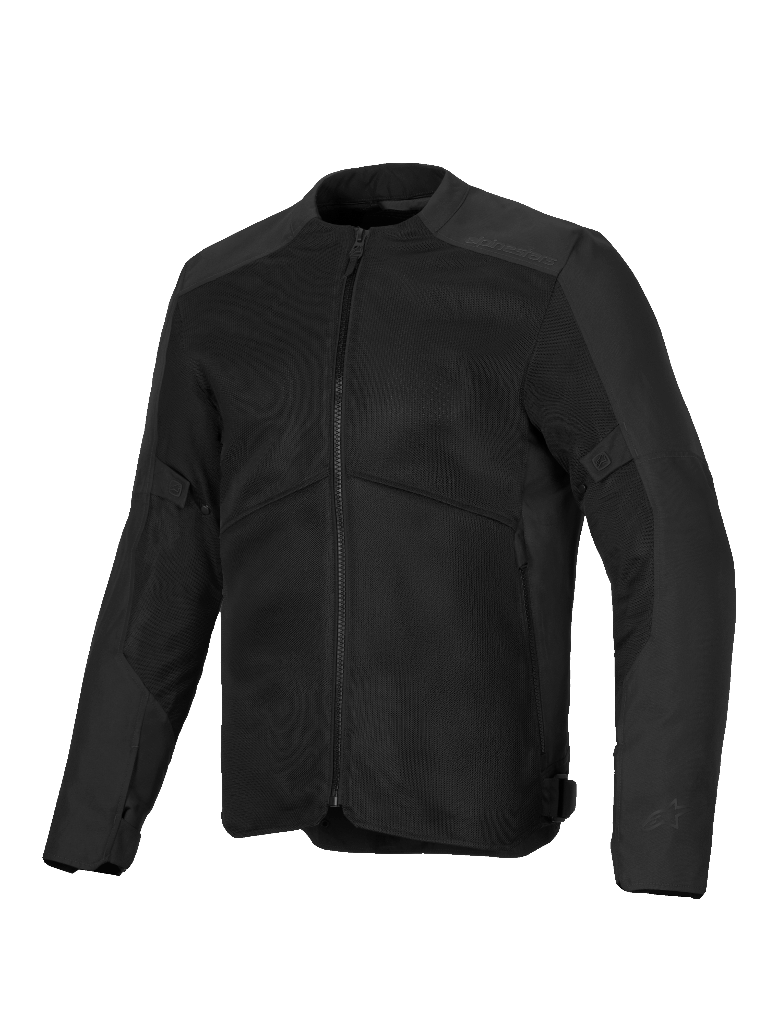 Casaco Alpinestars C-1 Air, casaco de motociclismo preto, com grandes painéis de ventilação em malha, estrutura em polifabric 450D, logótipo discreto em relevo nos ombros, design urbano contemporâneo para condução em climas quentes