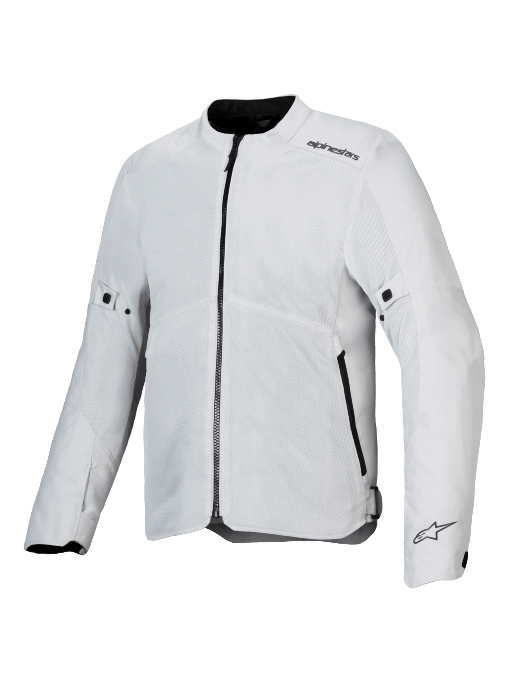 Casaco Alpinestars C-1 Air, casaco de motociclismo, prateado, construção têxtil leve com painéis de malha técnica, vista frontal com fecho central preto e bolsos laterais, logótipos Alpinestars no ombro e no punho, estilo urbano