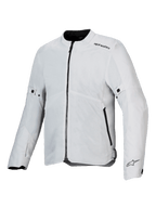 Casaco Alpinestars C-1 Air, casaco de motociclismo, prateado, construção têxtil leve com painéis de malha técnica, vista frontal com fecho central preto e bolsos laterais, logótipos Alpinestars no ombro e no punho, estilo urbano