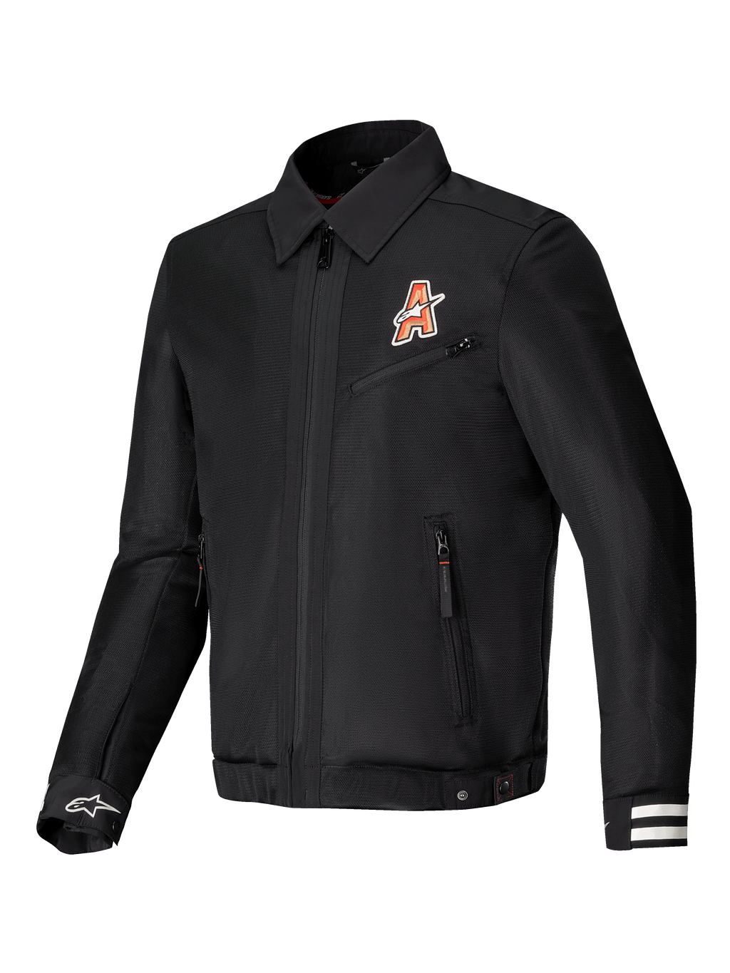 Alpinestars Jaqueta Ignite Air, casaco de moto urbano em malha, preto, com gráficos inspirados em clubes e gola de camisa tradicional