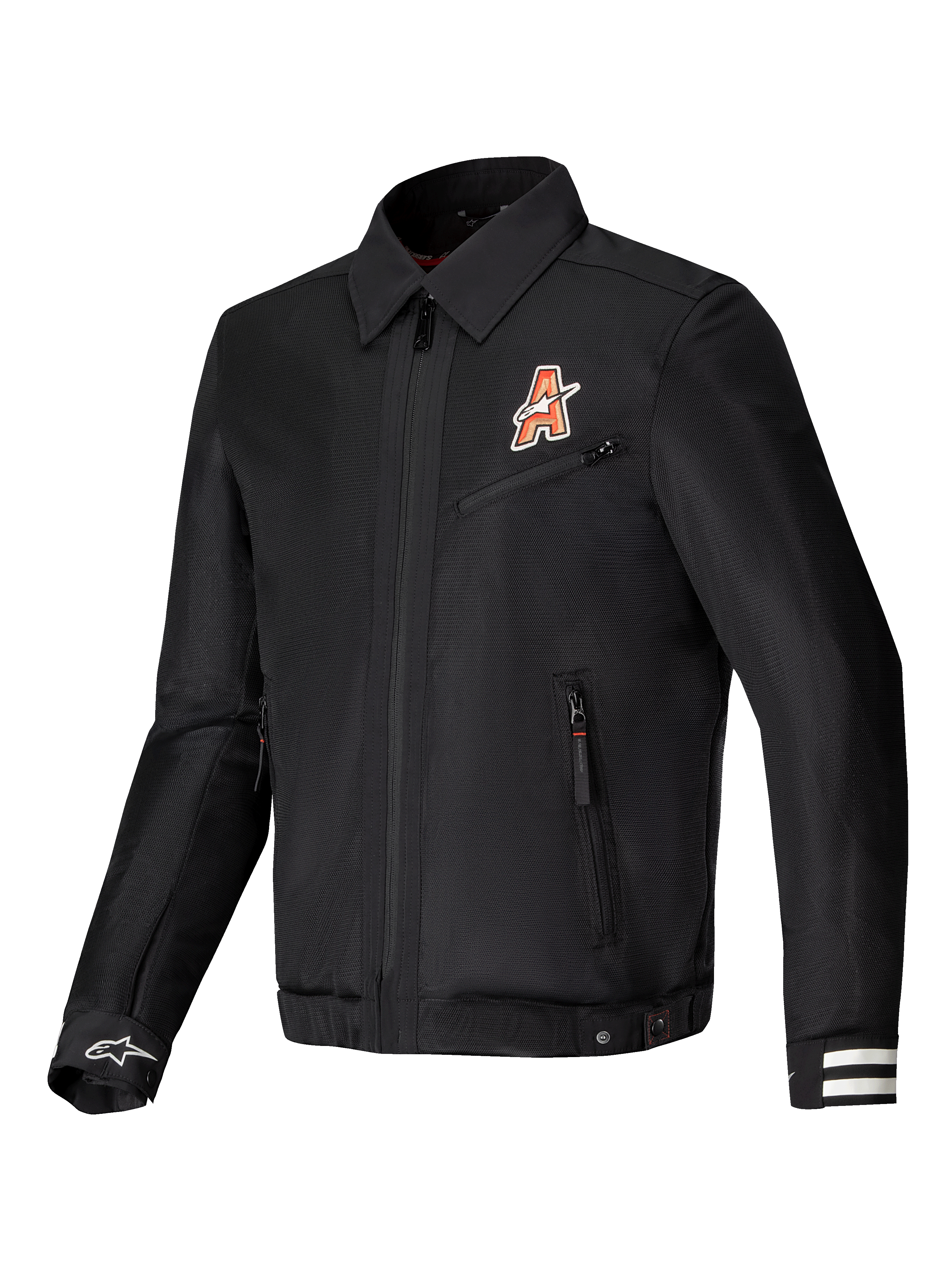 Alpinestars Jaqueta Ignite Air, casaco de moto urbano em malha, preto, com gráficos inspirados em clubes e gola de camisa tradicional