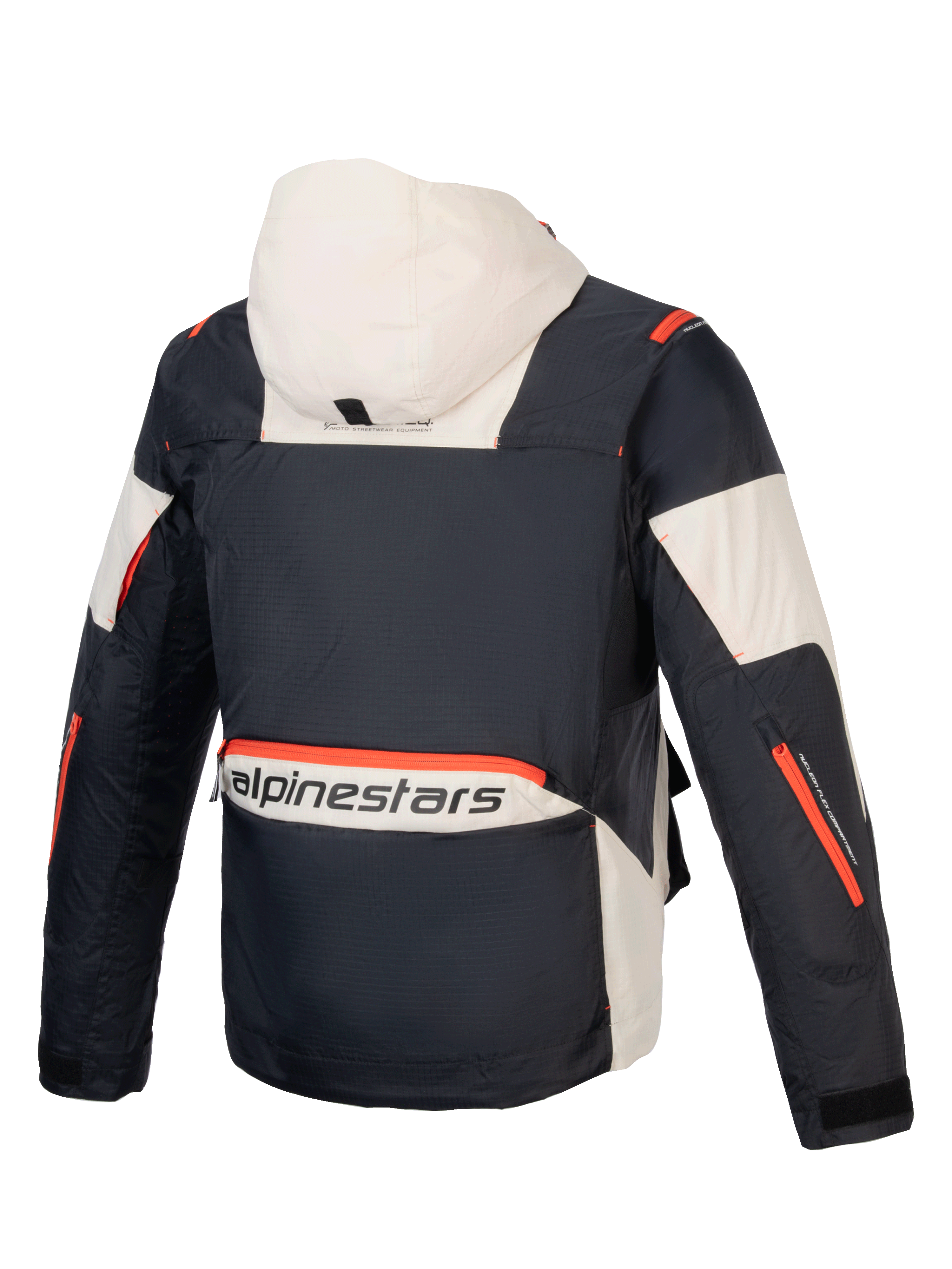 Alpinestars Jaqueta Mogress Air, casaco de moto urbano para homem, preto e amêndoa com detalhes em laranja, em tecido ripstop, vista traseira com capuz.