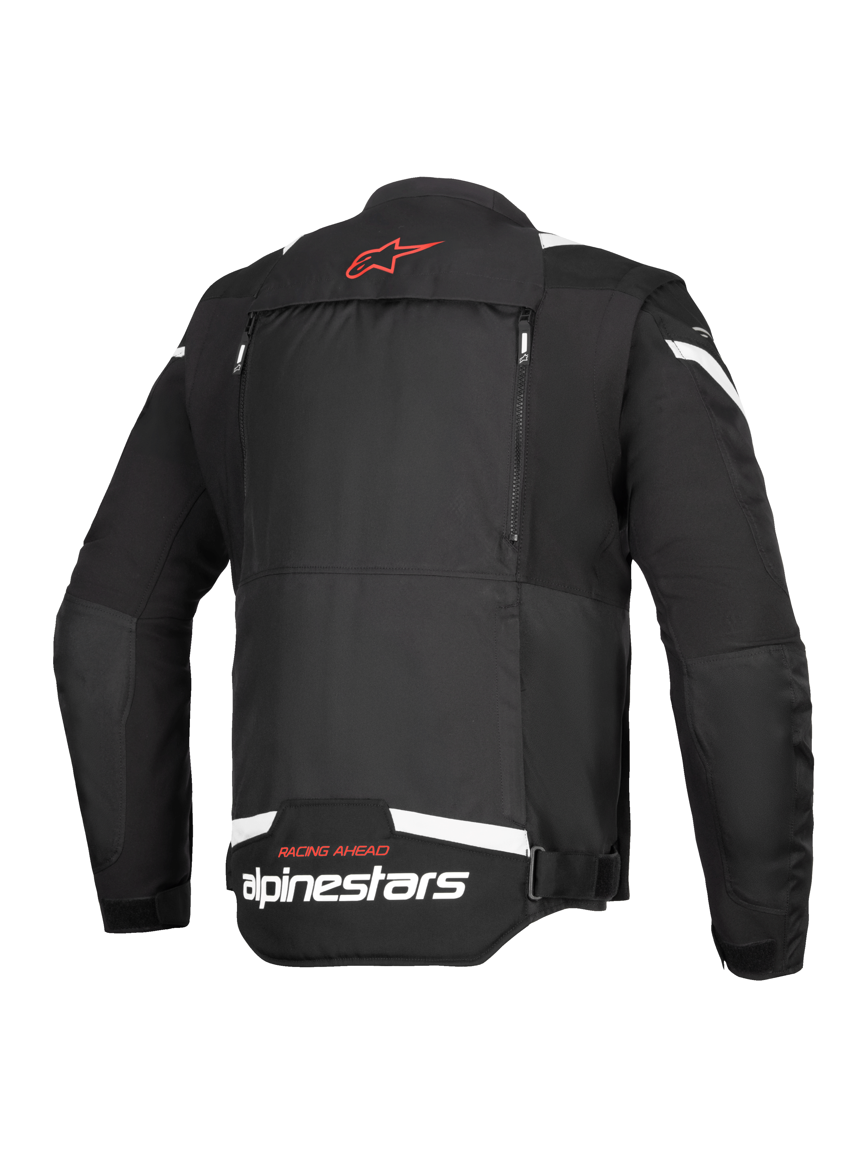 Alpinestars T-Stunt Air Jacket, Rear View, Black and White, featuring a red star logo on the neck, white branding at the lower back, and vertical zippers for the modular airflow system.