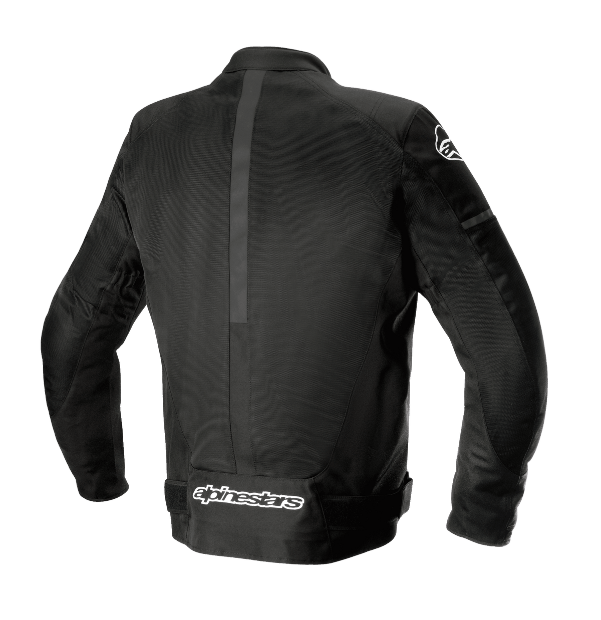 Casaco Alpinestars T-SP X Superair, preto, vista traseira mostrando a construção em tecido e malha, com painéis de malha extensos para ventilação e logótipo Alpinestars branco na parte inferior das costas, casaco de motociclismo com ajuste desportivo.