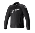 Alpinestars T-SP X Superair Jacket, Black motorcycle jacket with large white Alpinestars logo on the chest, mesh paneling for airflow, front zipper closure, adjustable waist straps, pre-curved sleeves, designed for road sport performance