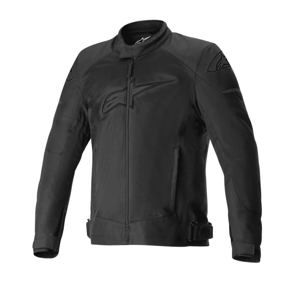 Alpinestars T-SP X Superair Jacket, casaco de motociclismo preto, logótipos tonais no peito e ombros, amplos painéis de malha para fluxo de ar, fecho frontal, bolsos laterais e alças de ajuste na cintura, design desportivo para estrada