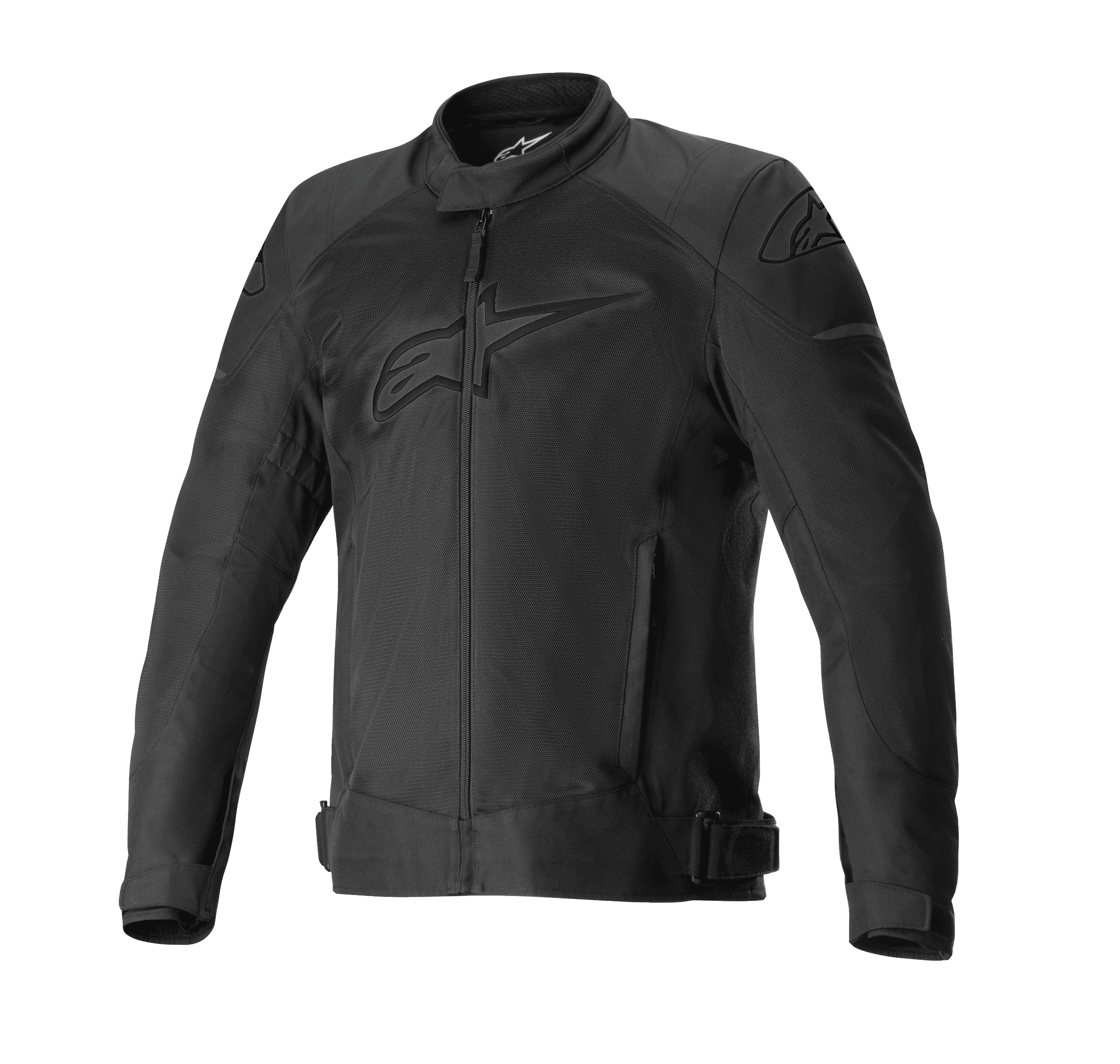 Alpinestars T-SP X Superair Jacket, casaco de motociclismo preto, logótipos tonais no peito e ombros, amplos painéis de malha para fluxo de ar, fecho frontal, bolsos laterais e alças de ajuste na cintura, design desportivo para estrada