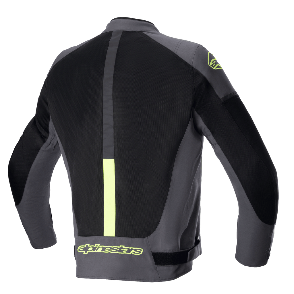 Alpinestars T-SP X Superair Jacket, Motorcycle Jacket, Tar Gray, Black, and Yellow Fluo, rear view featuring large mesh panels for ventilation and fluorescent yellow branding on the lower back and shoulder.