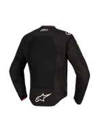 Alpinestars FQ20 T-SPS Air V2 Monster Jacket, back view, Black, featuring a large mesh ventilation panel, white Alpinestars logo on the lower back, El Diablo signature on the upper back, and Monster Energy logo on the sleeve, textile motorcycle jacket for sport riding