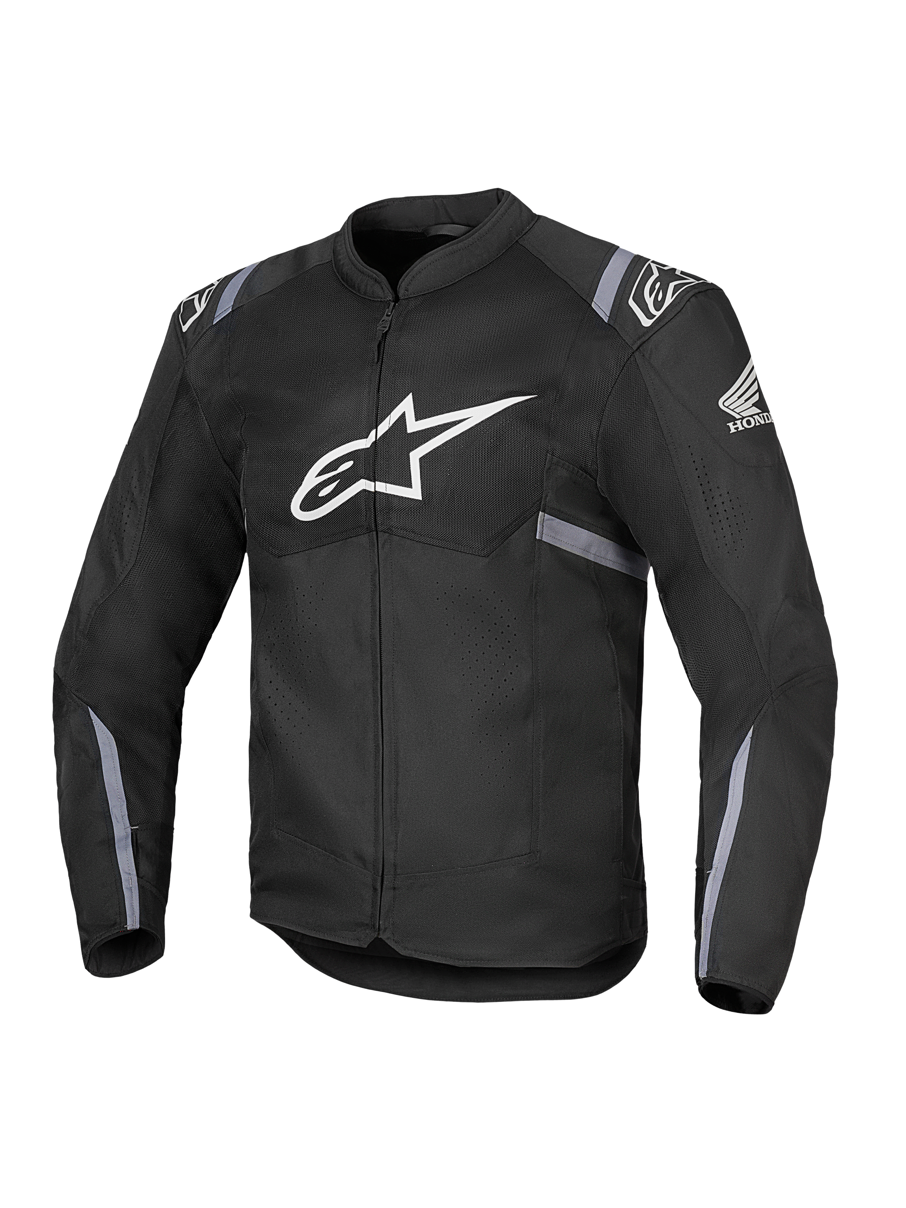 Alpinestars Honda T-SPS Air V2 Jacket, casaco de motociclismo têxtil preto com grande logótipo Alpinestars branco no peito e logótipo da asa Honda na manga, com painéis de malha perfurada para respirabilidade, faixas refletoras cinzentas nas mangas e cintura, e fecho de correr frontal.