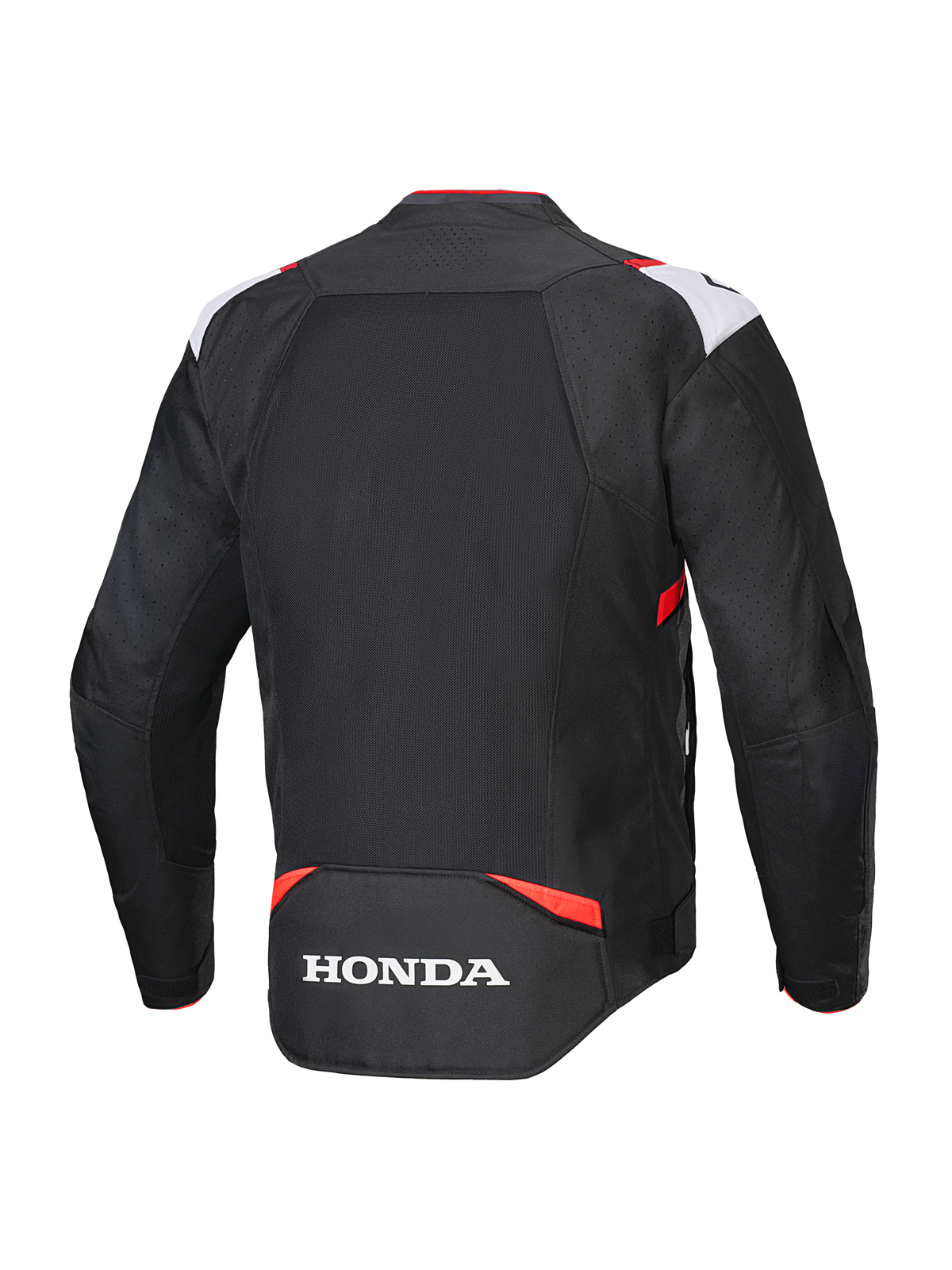 Alpinestars Honda T-SPS Air V2 Jacket, casaco de motociclismo têxtil, preto, branco e vermelho brilhante, vista traseira com grande painel de malha para fluxo de ar e logótipo Honda branco na parte inferior das costas, design desportivo para condução urbana de verão
